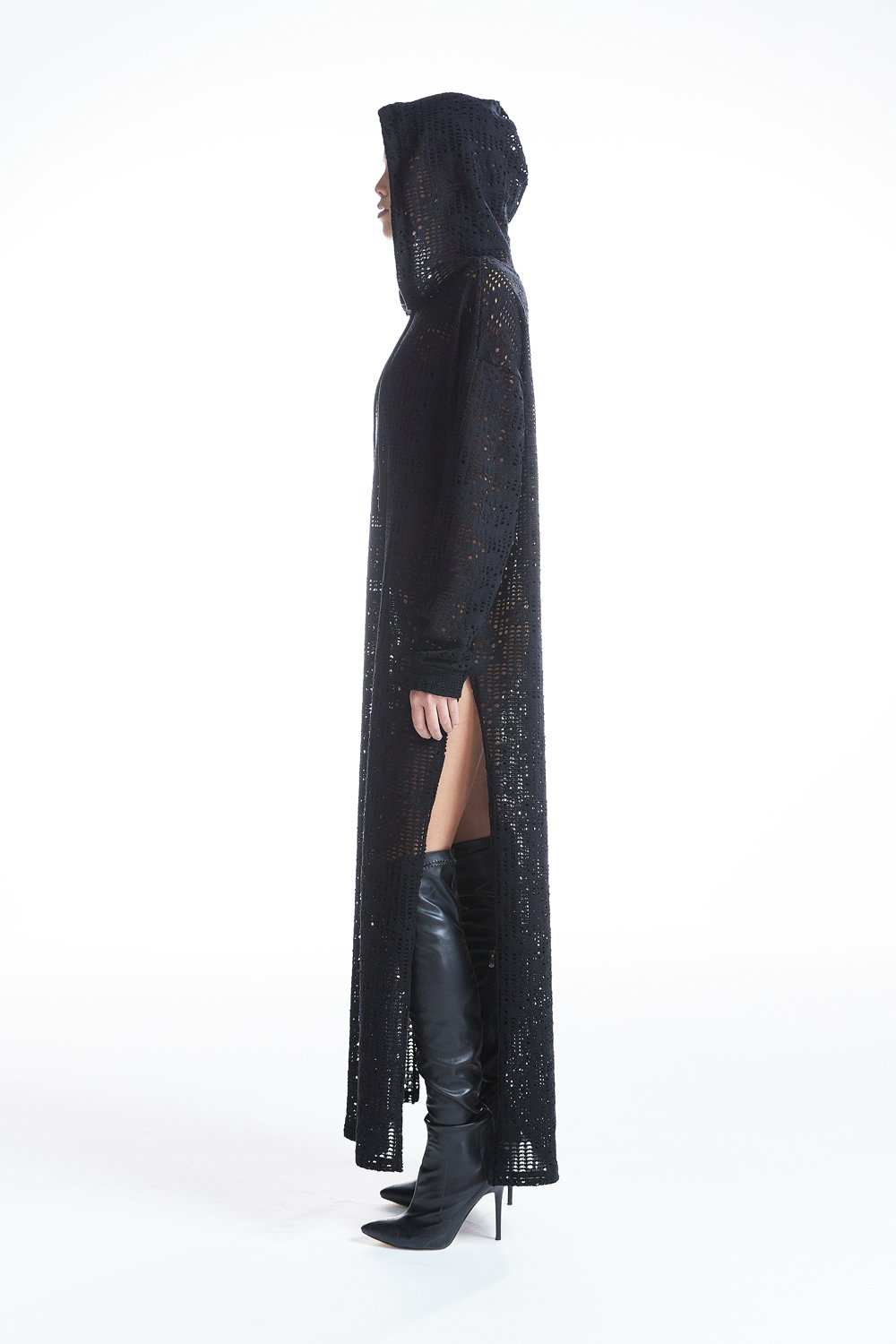 no'design-Derin Yırtmaçlı Transparan Hoodie Elbise-Elbise-4-Milagron.com