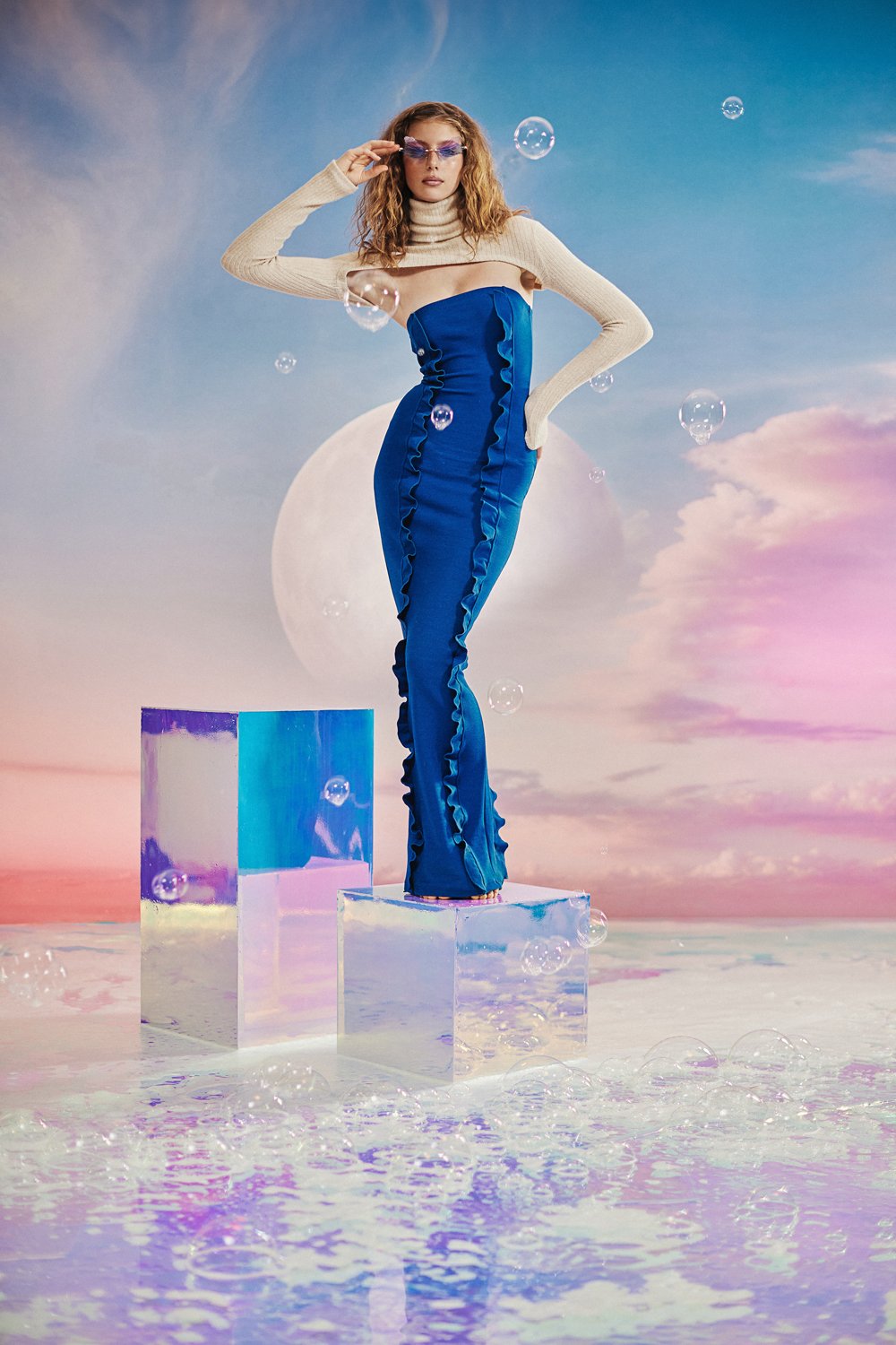 no'design-Fırfır Detaylı Arka Yırtmaçlı Straplez Midi Boy Elbise-Elbise-3-Milagron.com