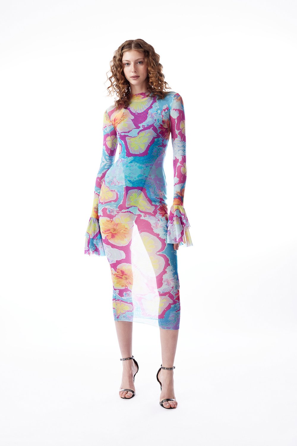 no'design-Kolları Fırfır Detaylı Balıkçı Yaka Baskılı Midi Boy Elbise-Elbise-1-Milagron.com