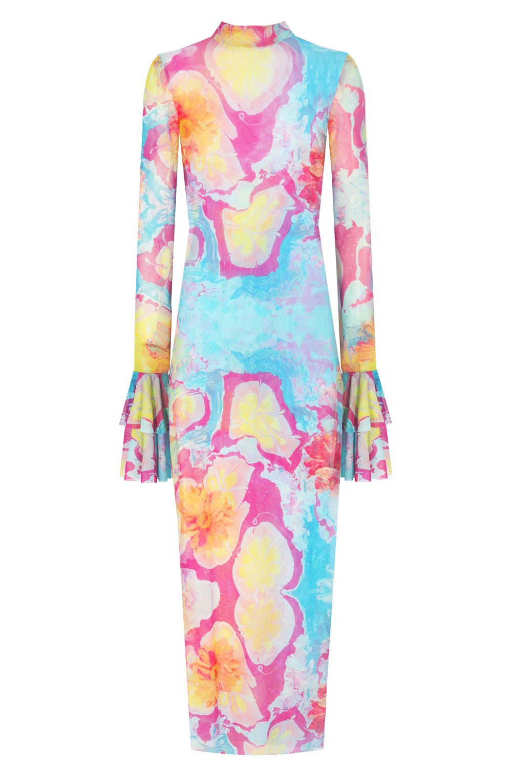 no'design-Kolları Fırfır Detaylı Balıkçı Yaka Baskılı Midi Boy Elbise-Elbise-2-Milagron.com