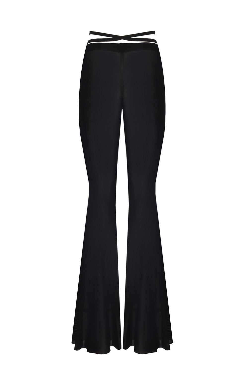 no'design-Siyah Transparan Düşük Bel Bağlama Detaylı İspanyol Paça Pantolon-Pantolon-7-Milagron.com