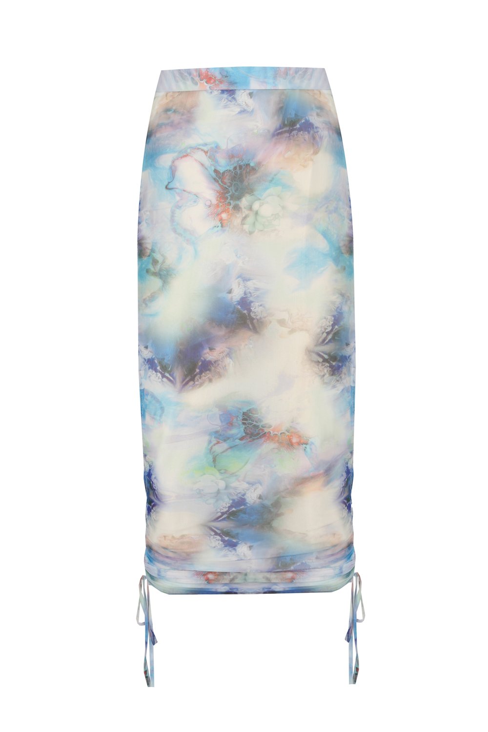 no'design-Yanları Büzgülü Baskılı Transparan Tül Midi Boy Etek-Etek-1-Milagron.com