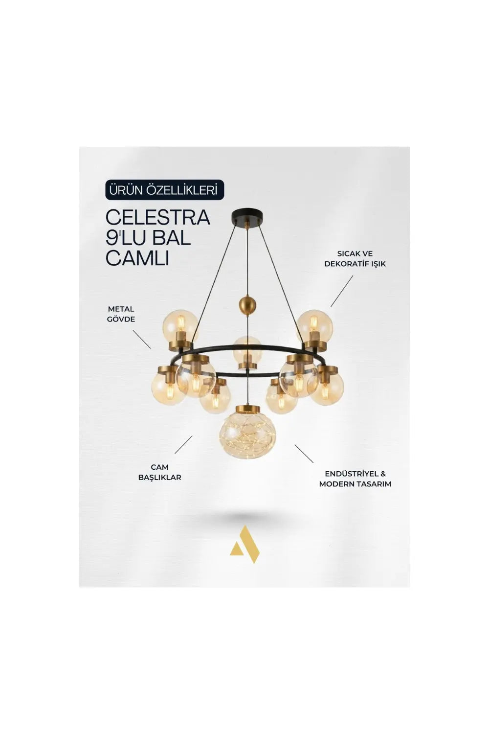 Celestra 9'lu Bal Camlı Modern Salon Avizesi - 8