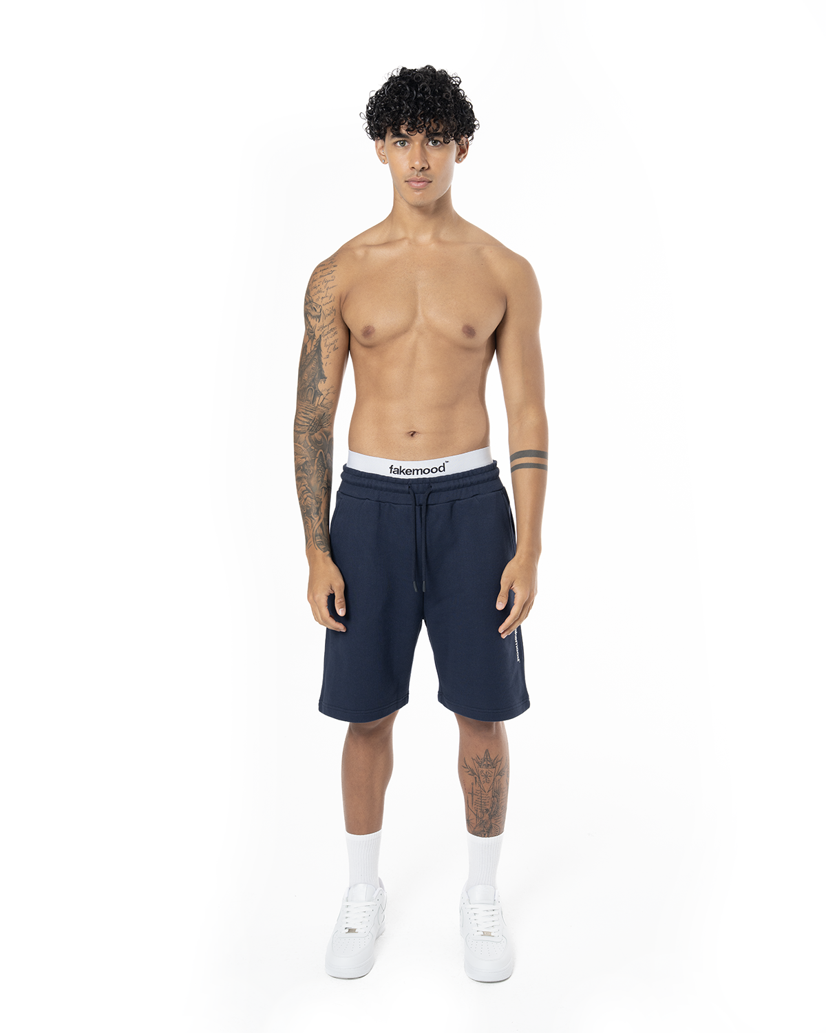 Unisex Relaxed Fit Basic Fakemood Baskili Şort -LaciVert - 0