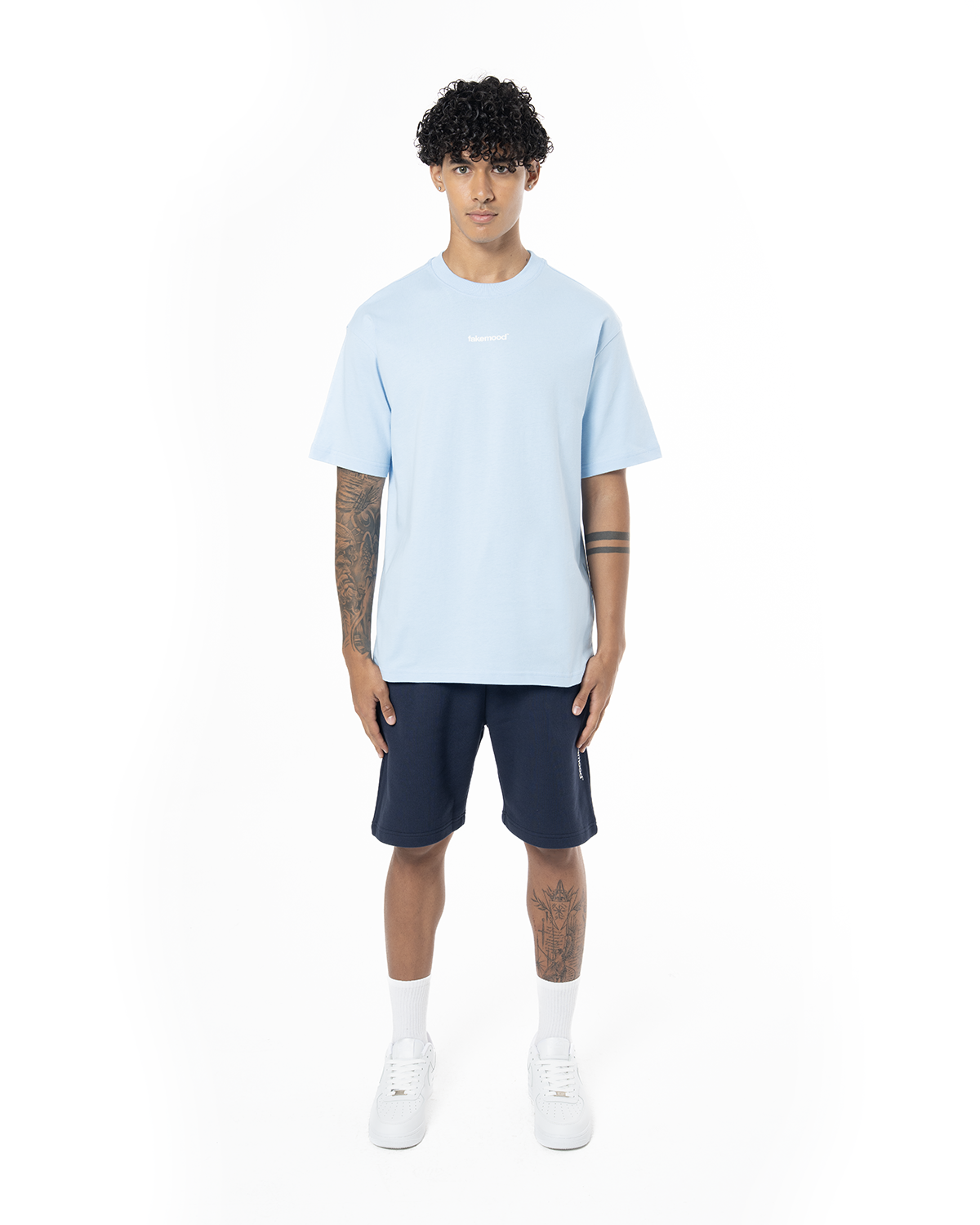 Unisex Relaxed Fit Basic Fakemood Baskili Şort -LaciVert - 3