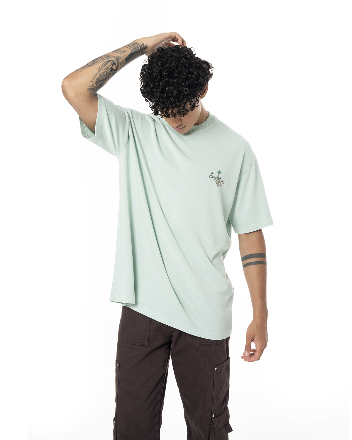 Erkek Oversize Fakemood Place Baskili TiŞört - YeşiL - 0