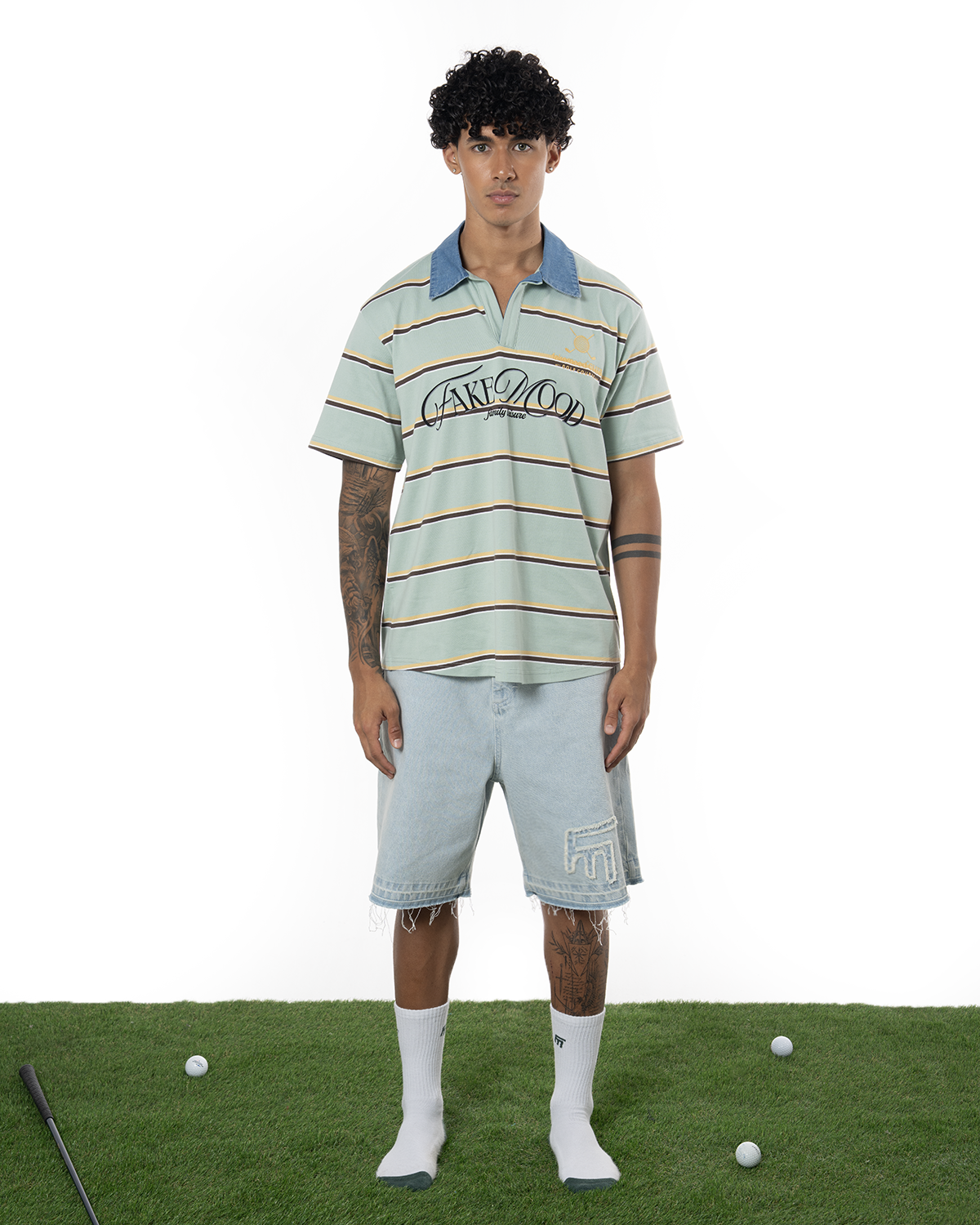 Unisex ÇiZgiLi Nakişli Golf Polo T-Shirt - YeşiL - 0