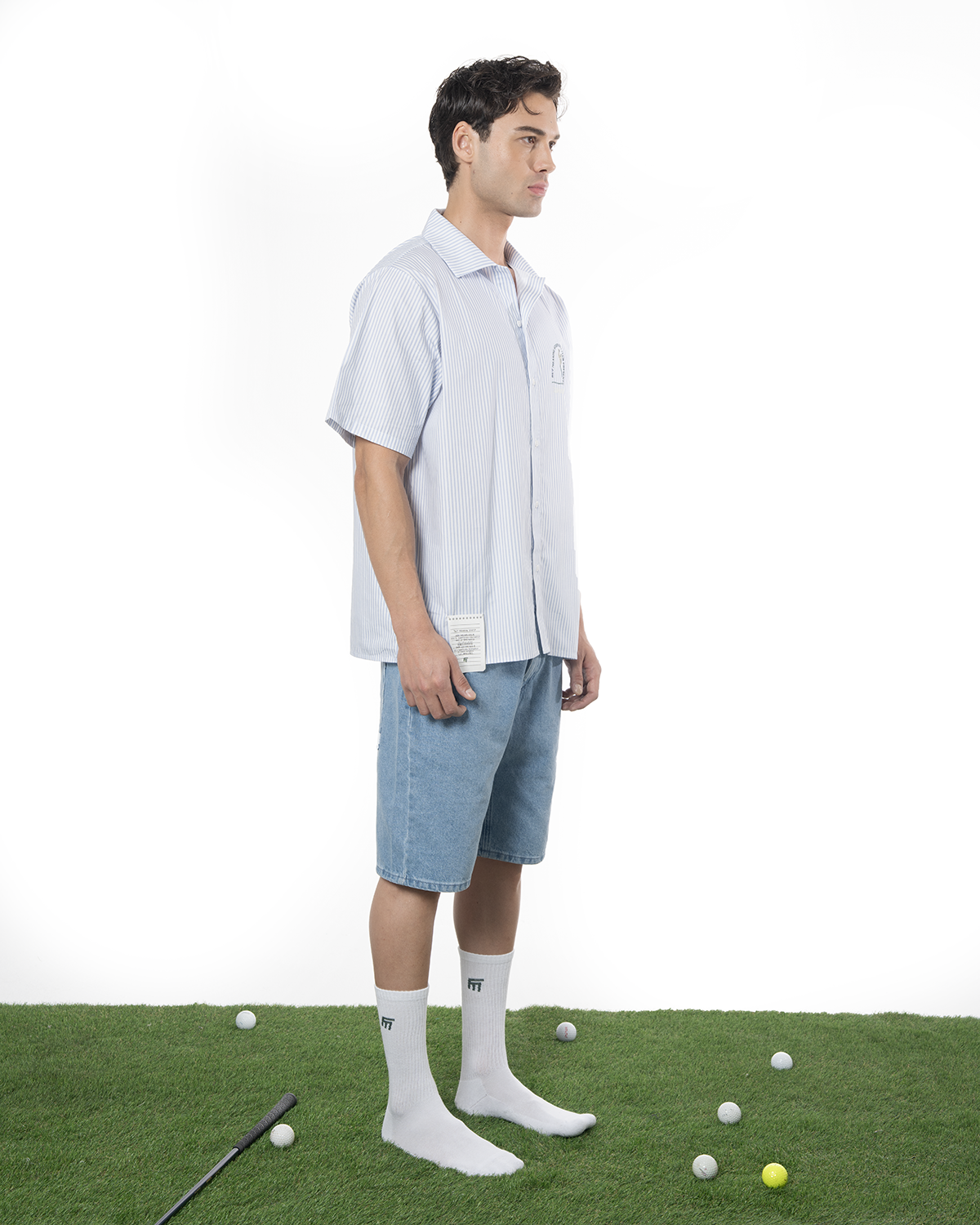 Erkek Oversize ÇiZgiLi Motto Etketli Golf Club Gömlek - Mavi - 1