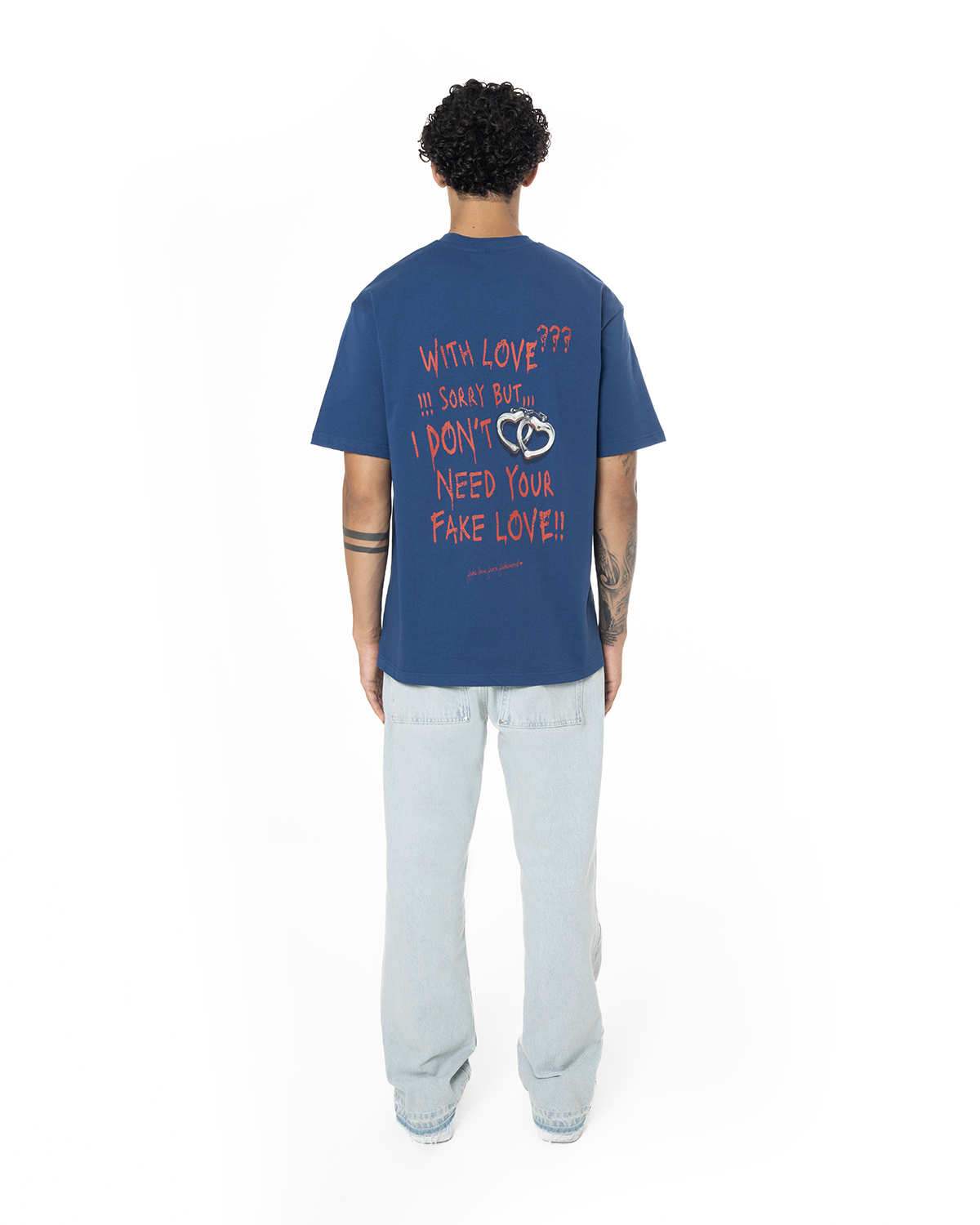 Unisex Oversize Fake Love Baskili TiŞört - Mavi - 2