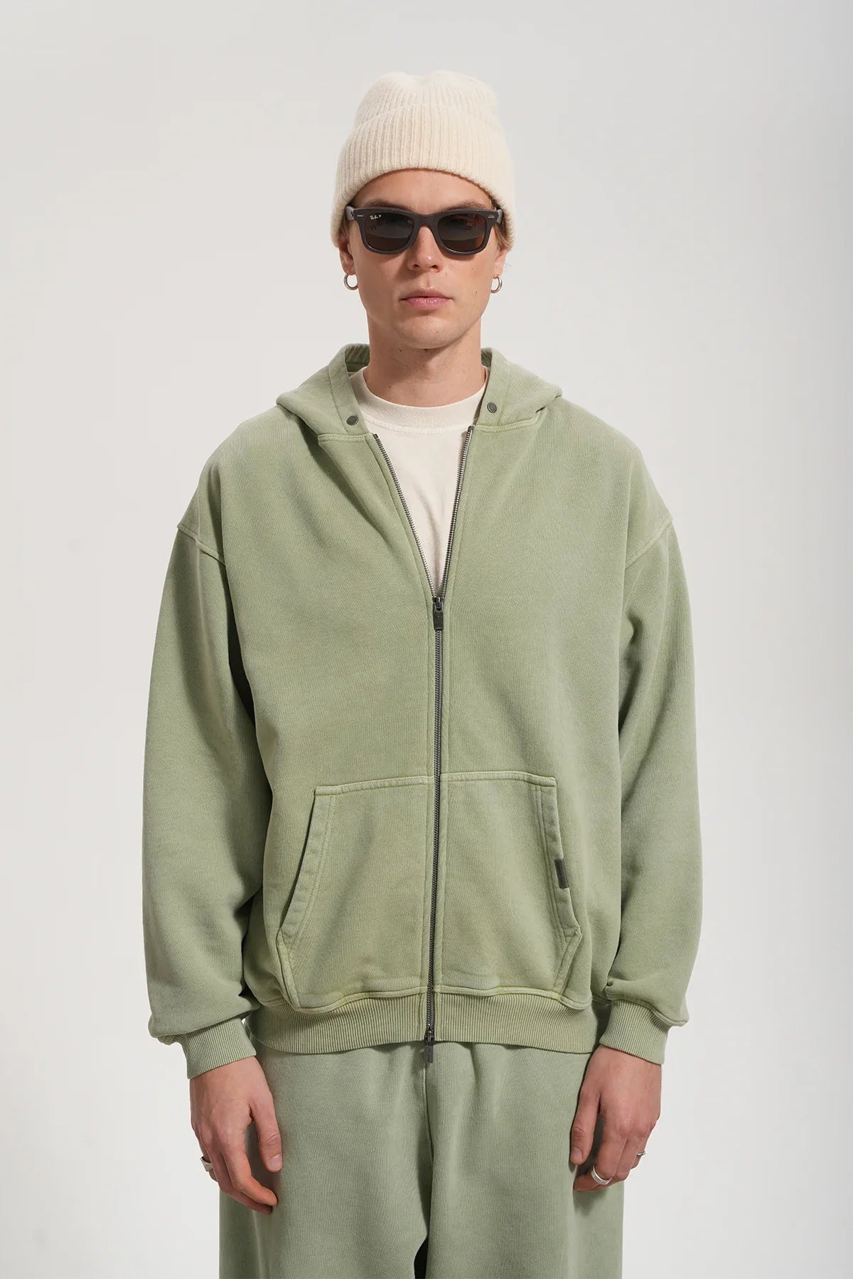 Erkek Oversized Washed Zip Hoodie - Yeşil - 0