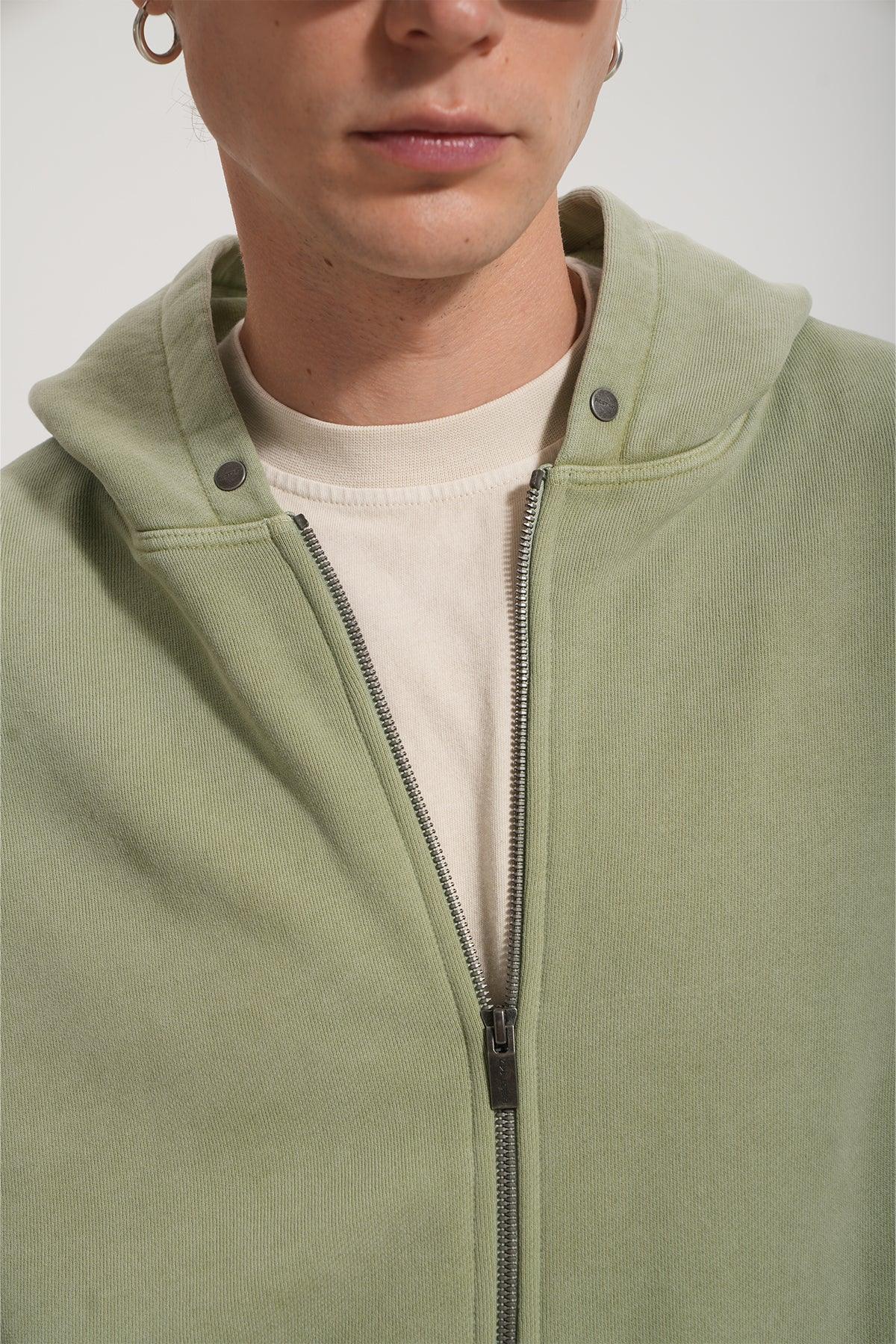 Erkek Oversized Washed Zip Hoodie - Yeşil - 2