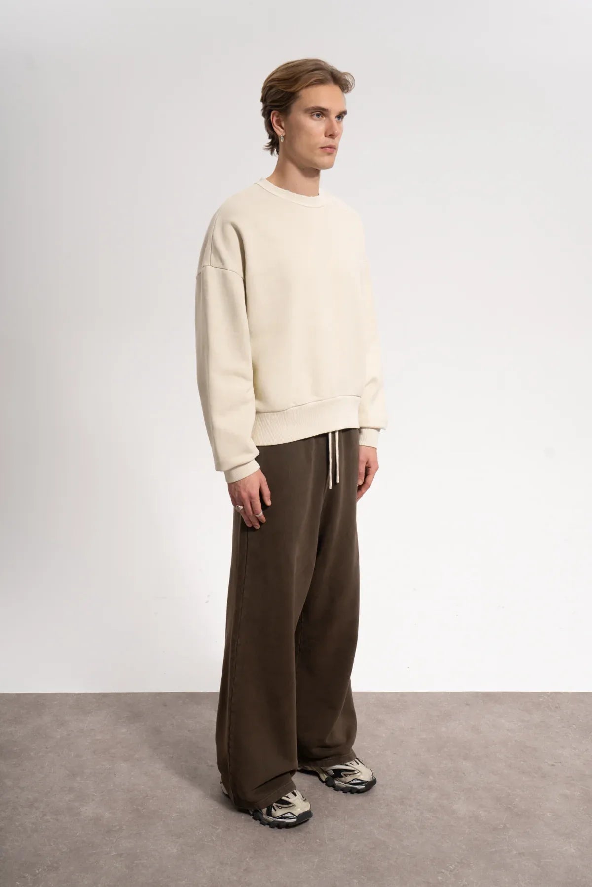 Erkek Oversized Washed Distressed Sweatshirt - Bej - 1