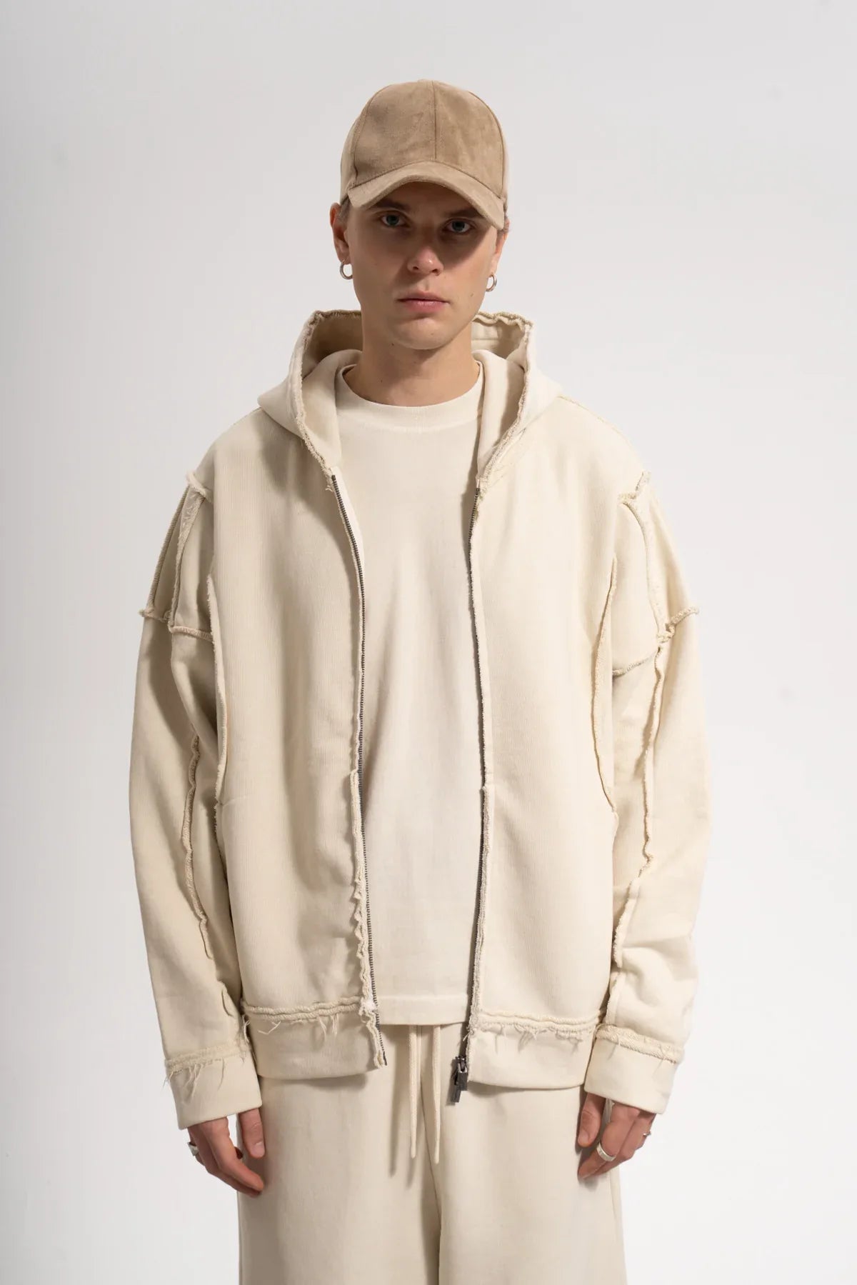 Erkek Oversized Washed Raw Seam Zip Hoodie - Bej - 1