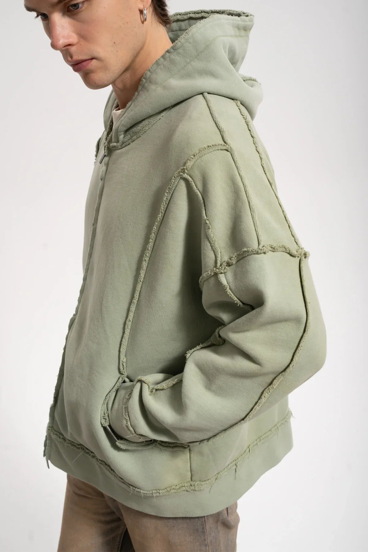 Erkek Oversized Washed Raw Seam Zip Hoodie - Yeşil - 2