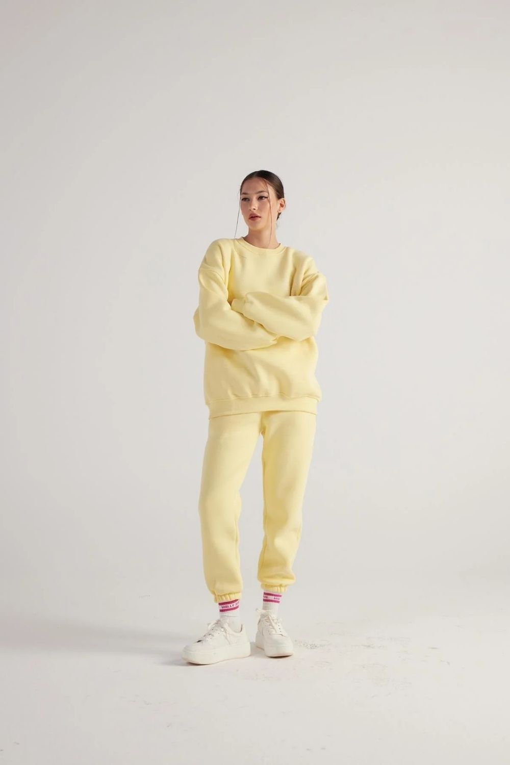 3 İplik Şardonlu Uzun Kol Bisiklet Yaka Fine Sweatshirt Sarı - 3