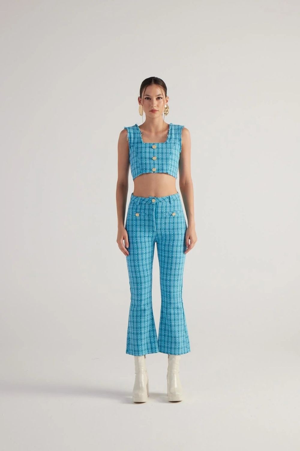 İspanyol Kesim Tüvit Tweed Pantolon Mavi - 0