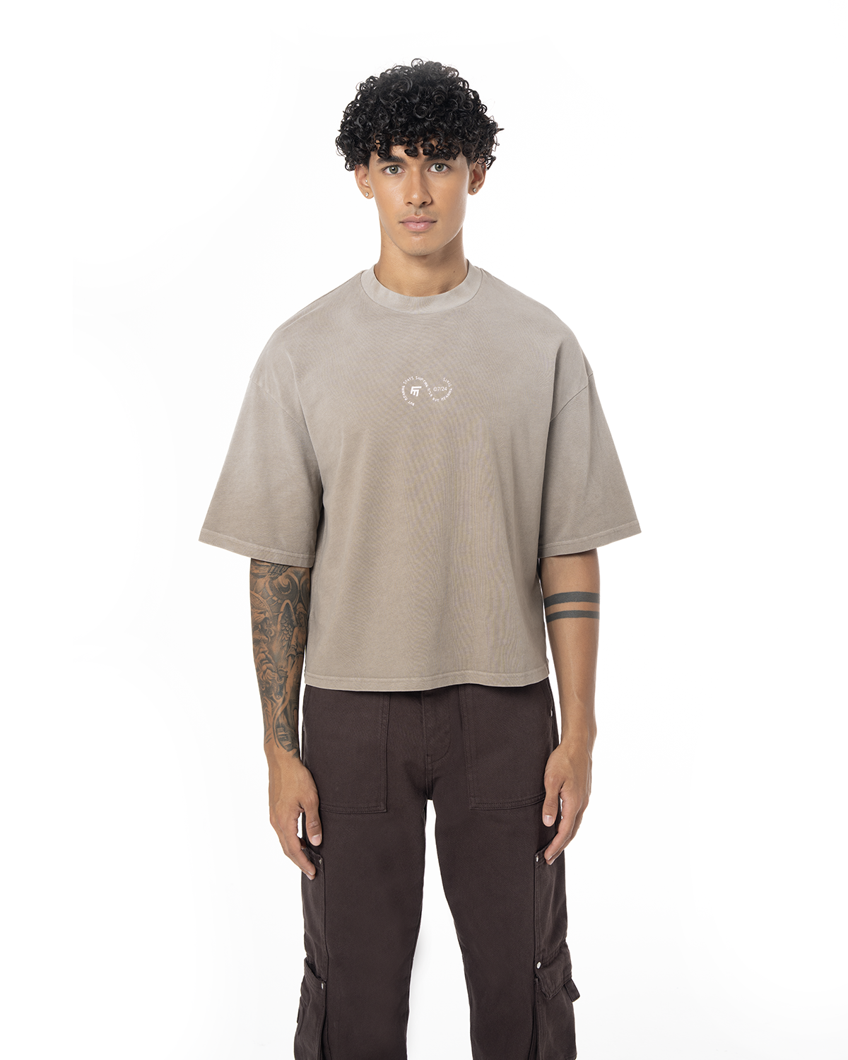Unisex Boxy Fit Yıkamalı Sprey Efektli Baskılı Tişört - Kahverengi - 0