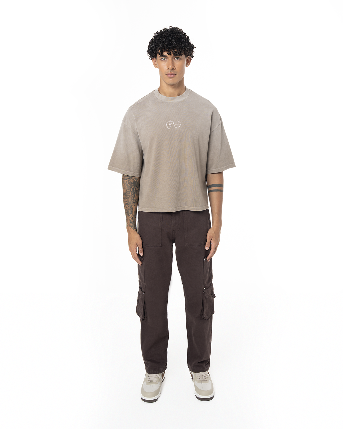 Unisex Boxy Fit Yıkamalı Sprey Efektli Baskılı Tişört - Kahverengi - 2