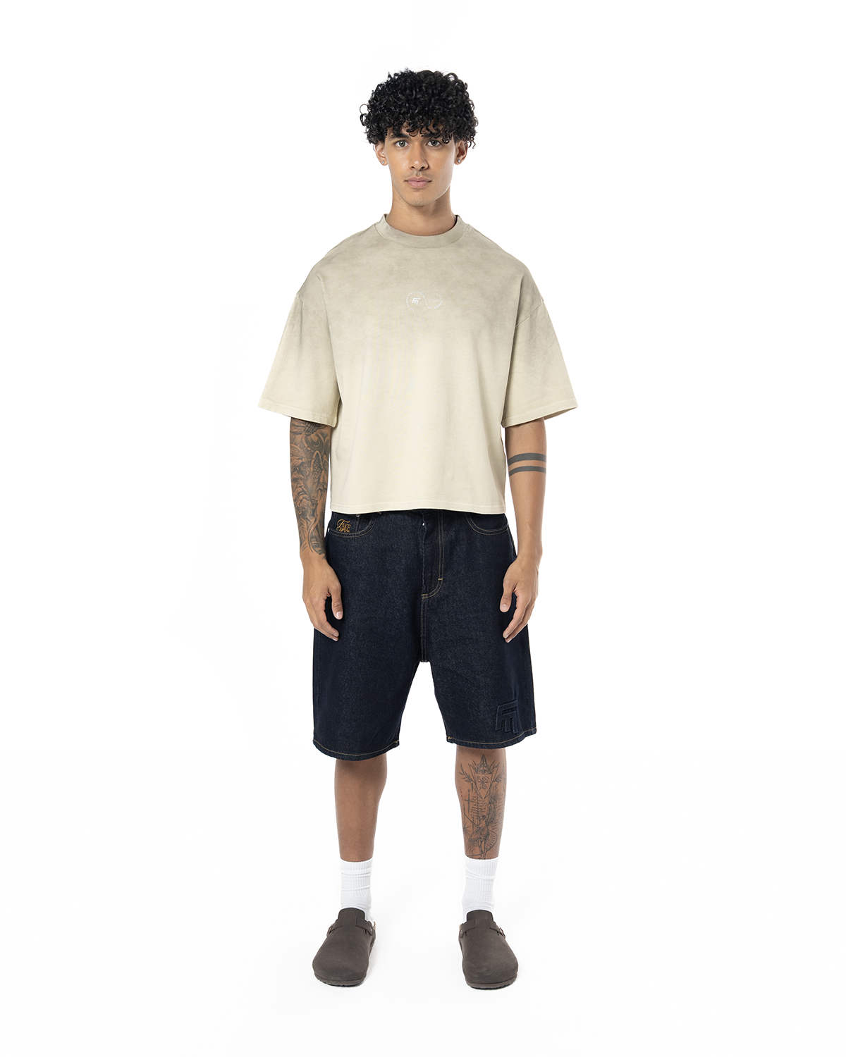 Unisex Boxy Fit Yıkamalı Sprey Efektli Baskılı Tişört - Latte - 0