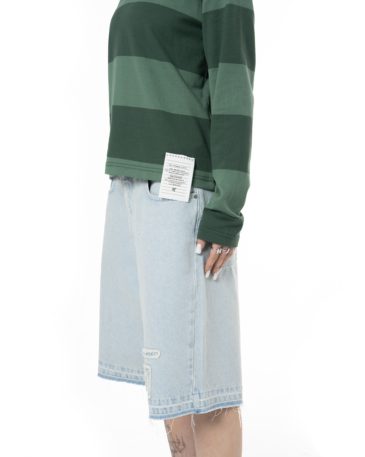 Unisex Çizgili Nakışlı Uzun Kollu Polo Tişört - Yeşil - 3
