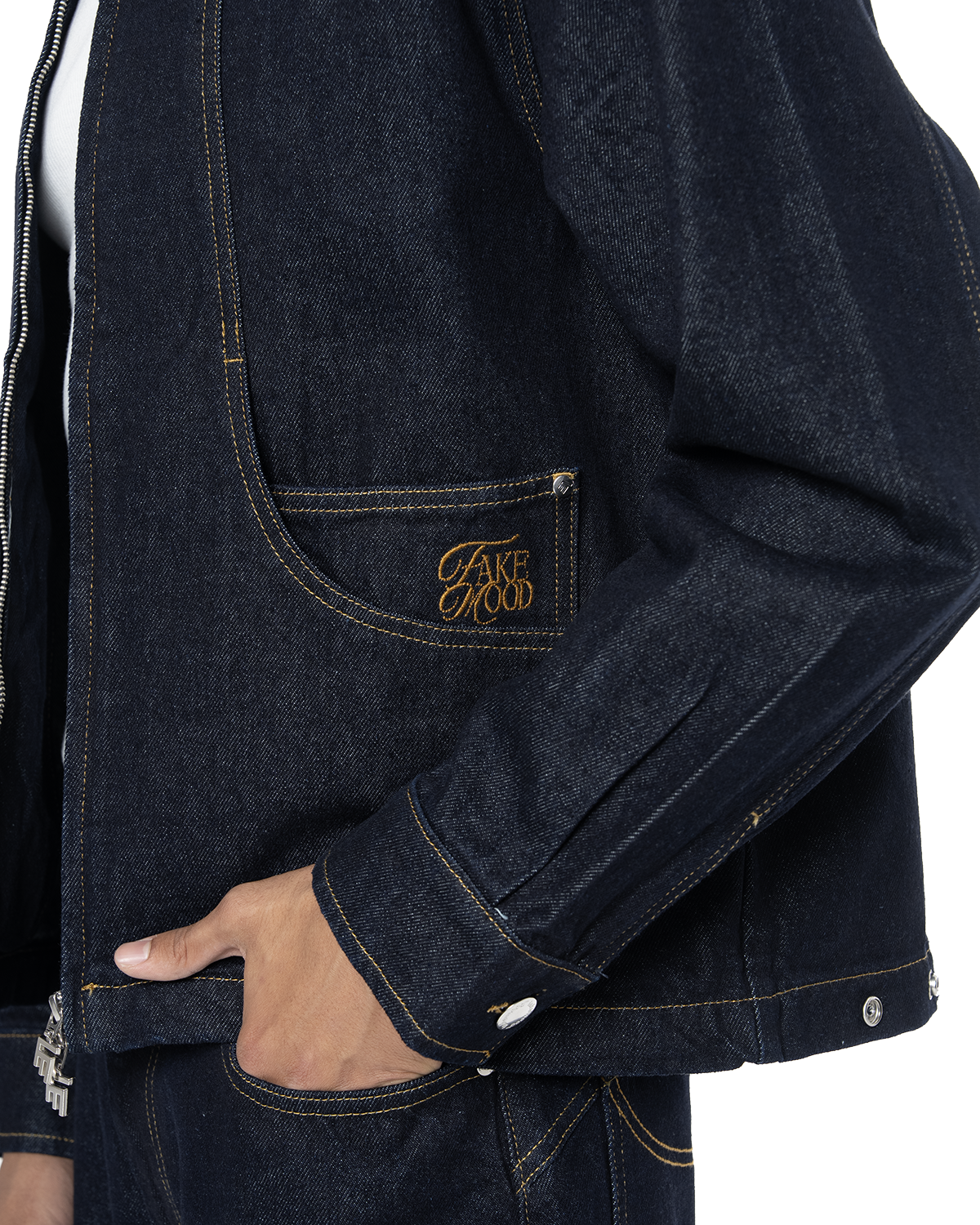 Unisex Fakemood Nakışlı Premium Raw Denim Ceket - Lacivert - 3