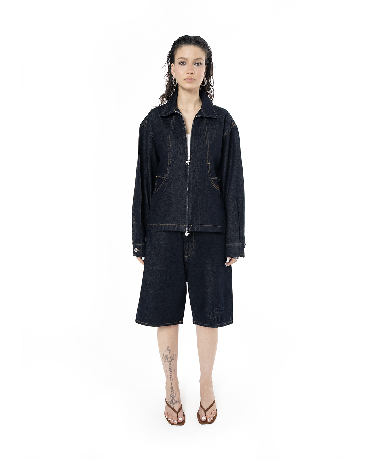 Unisex Fakemood Nakışlı Premium Raw Denim Ceket - Lacivert - 5