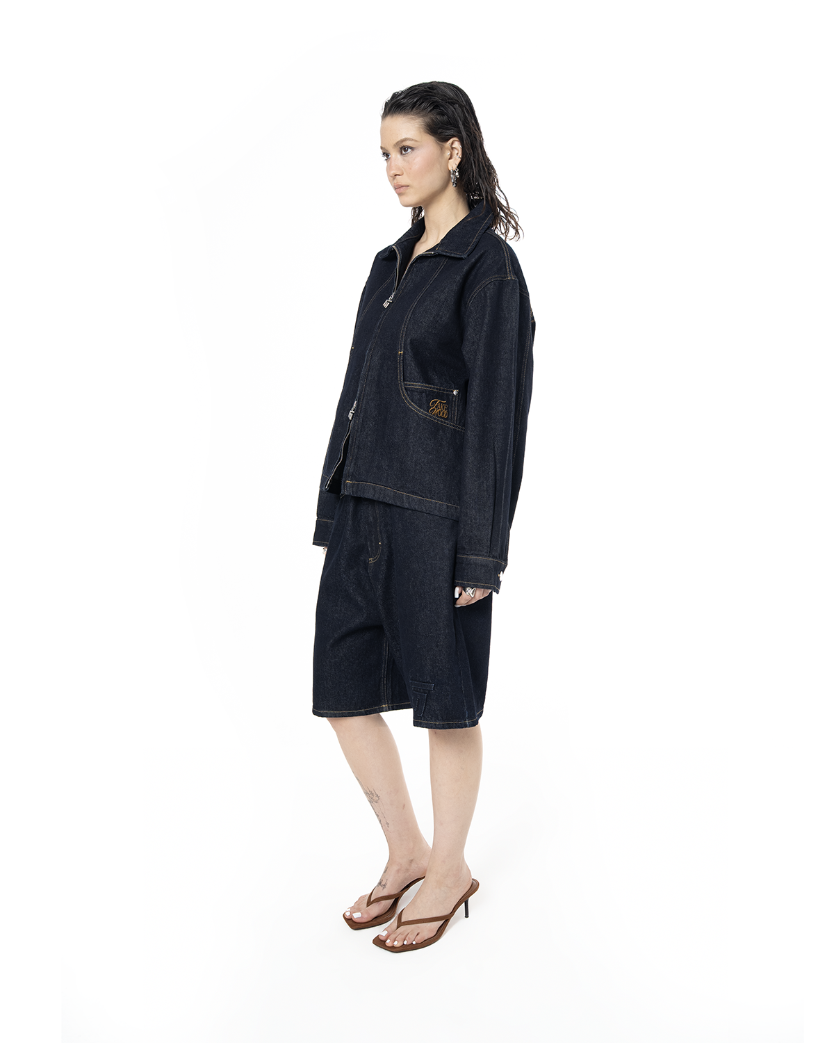 Unisex Fakemood Nakışlı Premium Raw Denim Ceket - Lacivert - 6