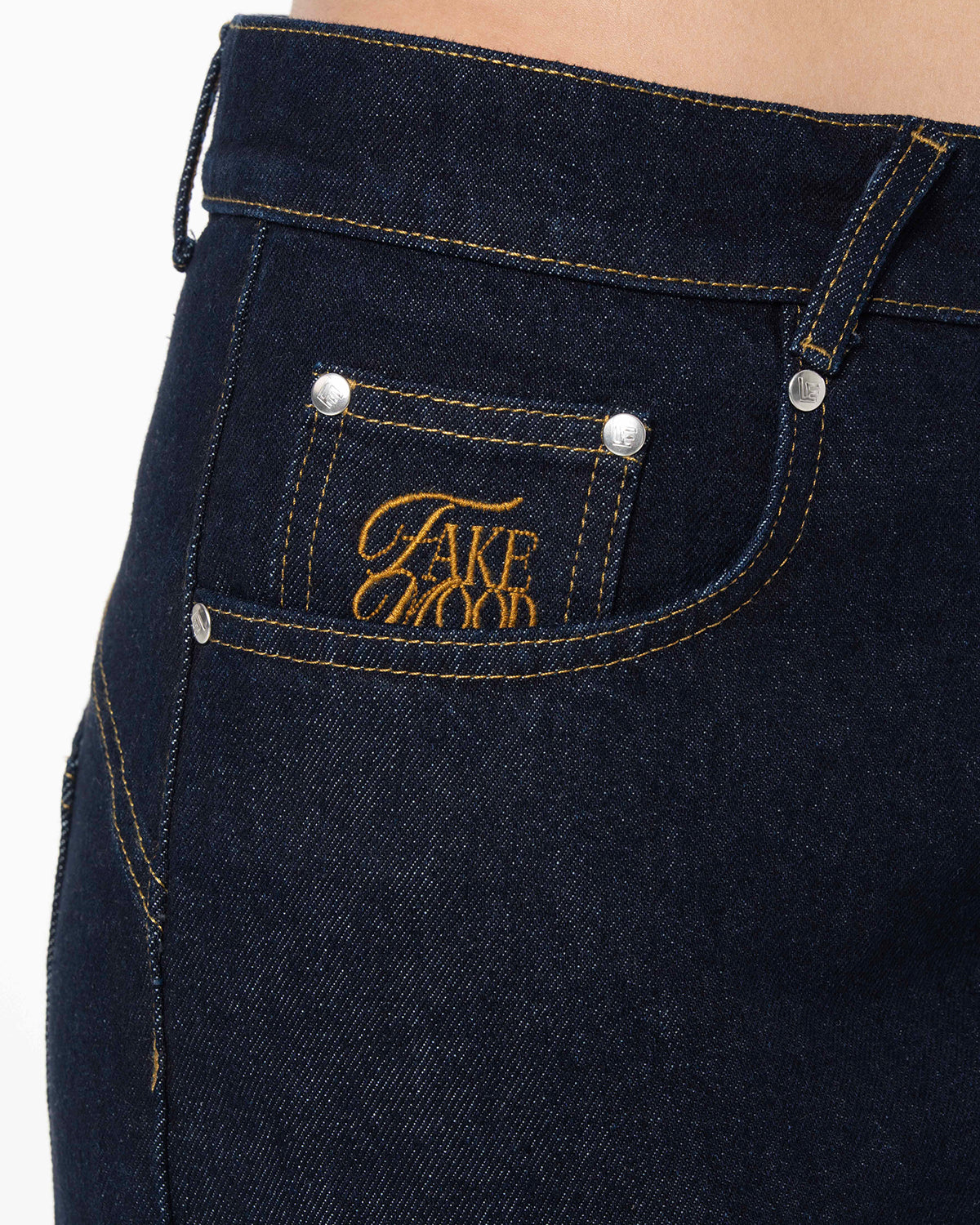 Unisex Relaxed Fit Fakemood Nakışlı Premium Raw Denim Pantolon - Lacivert - 3