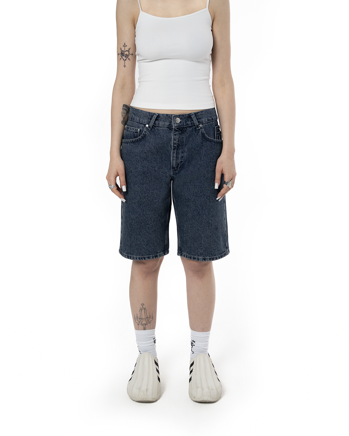 Unisex Relaxed Fit FM Icon Logo Kabartmalı Premium Denim Şort - Lacivert - 0