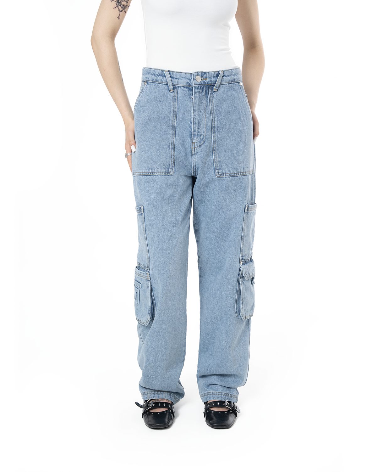 Unisex Relaxed Fit Logo Kabartmalı Nakış Detaylı Premium Kargo Pantolon - Mavi - 3