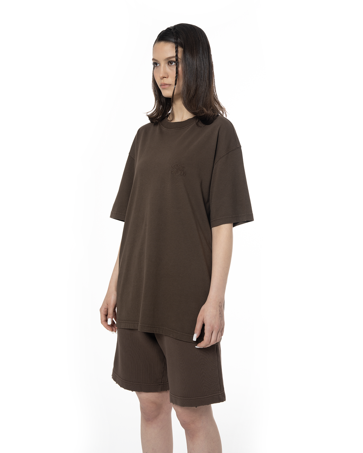 Kadın Oversize Fakemood Nakışlı Tişört - Kahverengi - 1