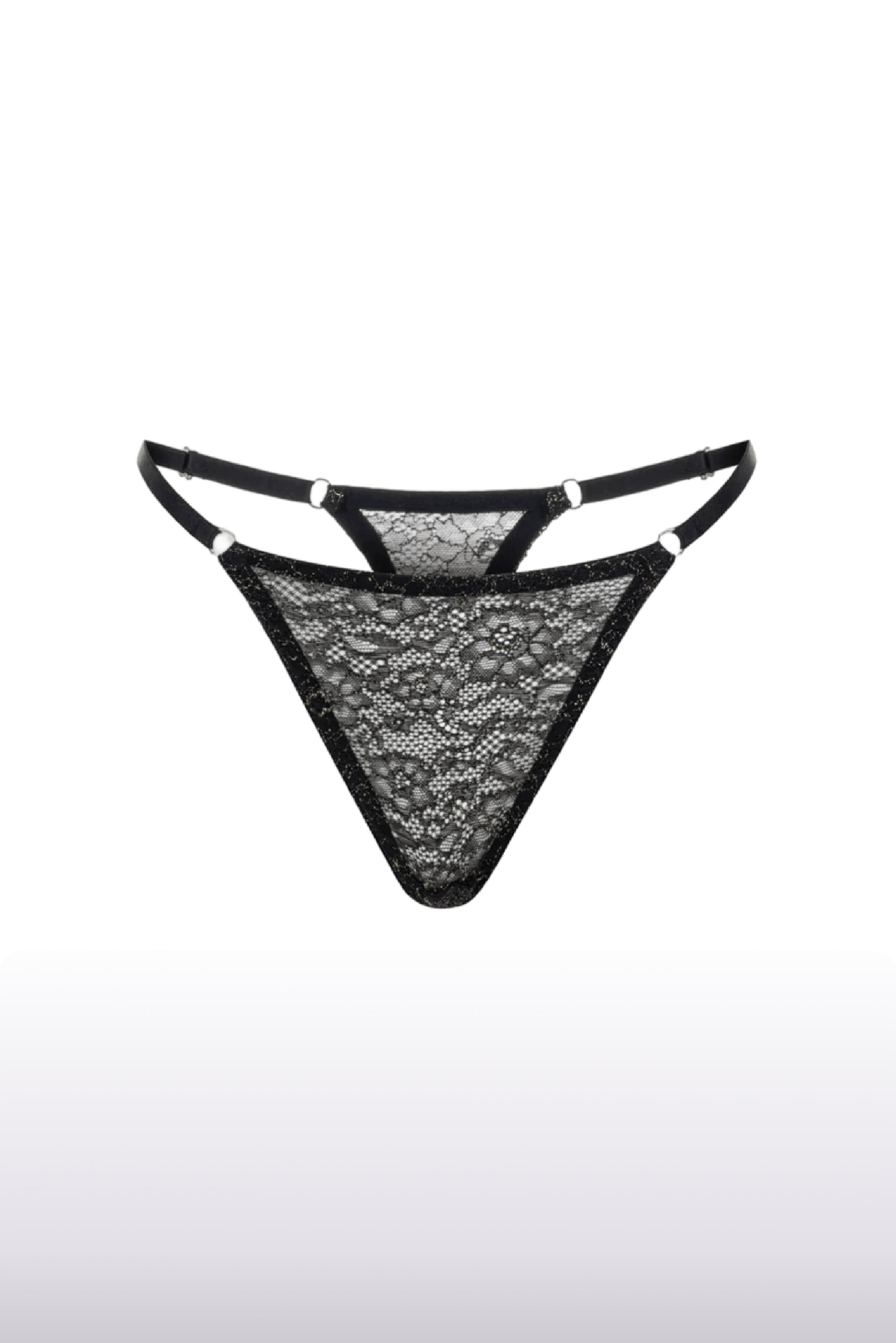 Shiny Fransız Dantel Tanga, Siyah - 0