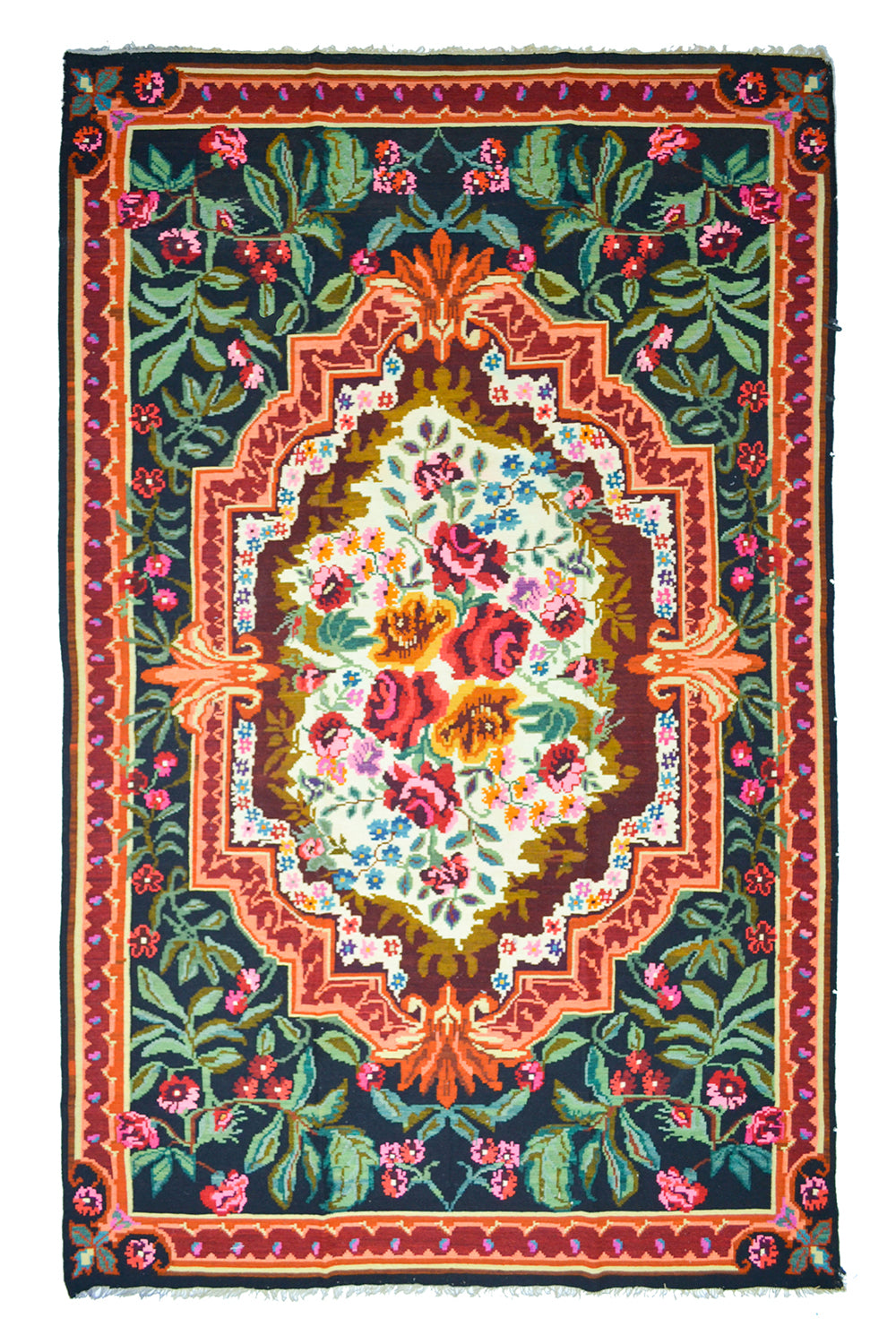 Vintage Karabağ El Dokuma Kilim, Çok Renkli Çiçek Desenli 200x340 Cm (6.8 M²) - 0