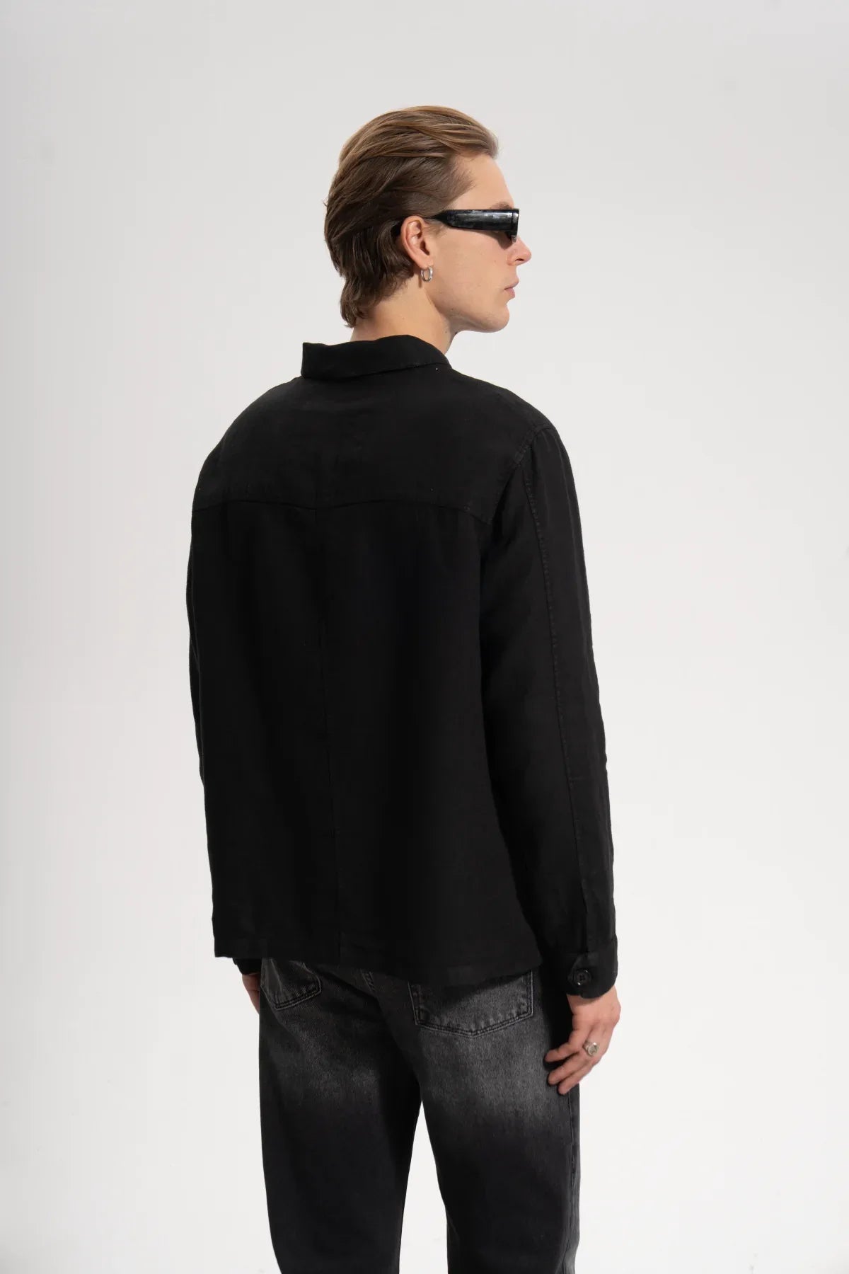 Erkek Relaxed Fit Linen Shirt - Siyah - 1