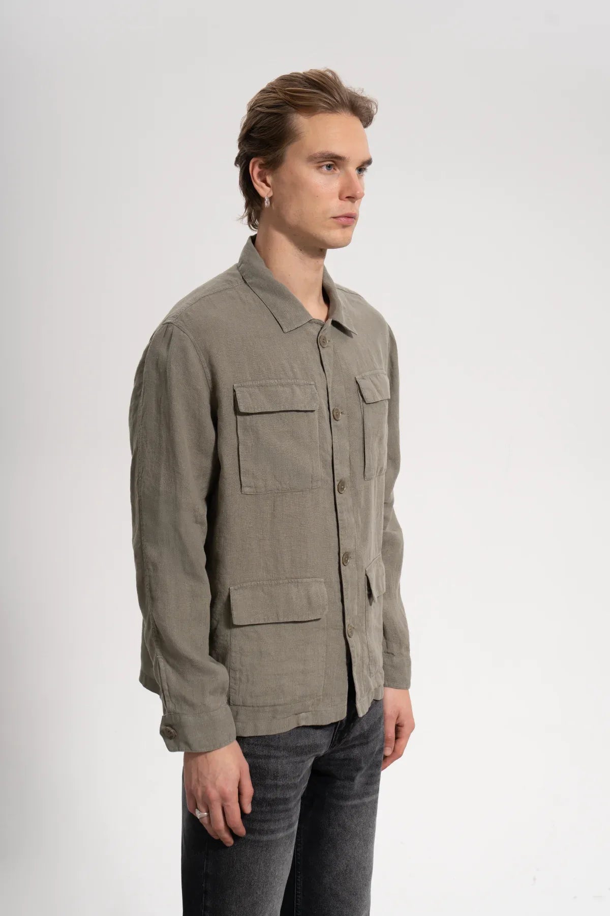 Erkek Relaxed Fit Linen Shirt - Haki - 0