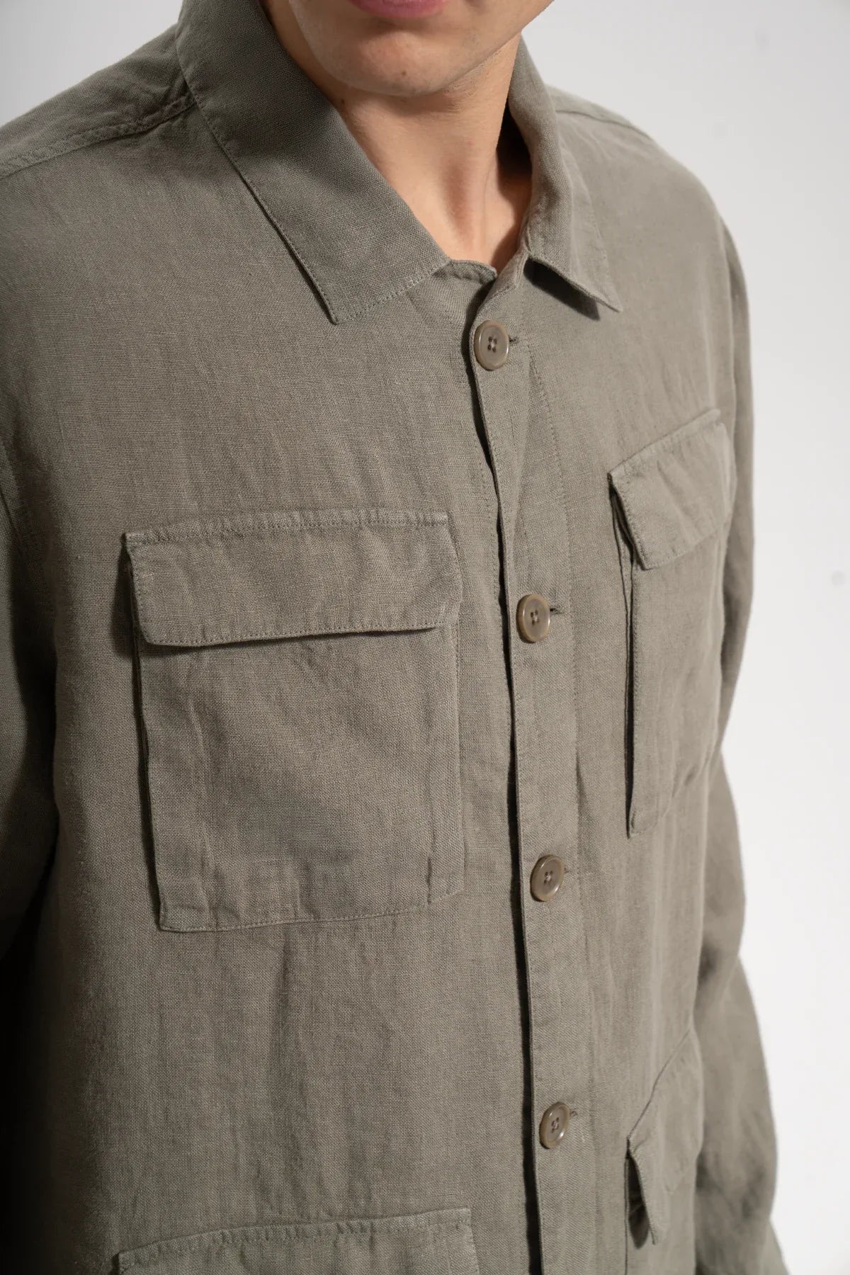 Erkek Relaxed Fit Linen Shirt - Haki - 3