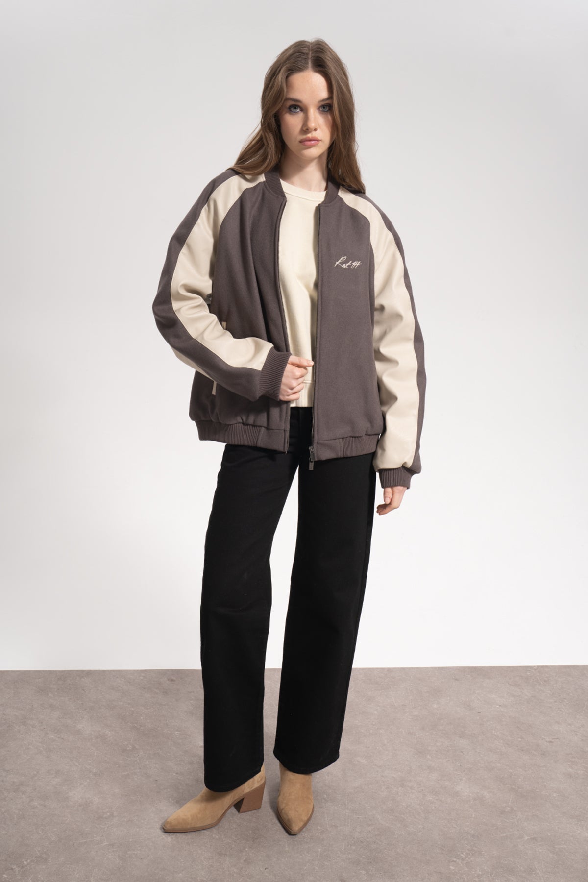 Unisex Relaxed Fit Leather College Jacket - Kahverengi - 2