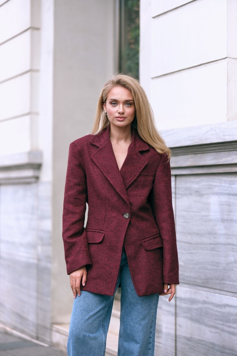Yün Karışımlı Kruvaze Blazer Ceket, Bordo - 2