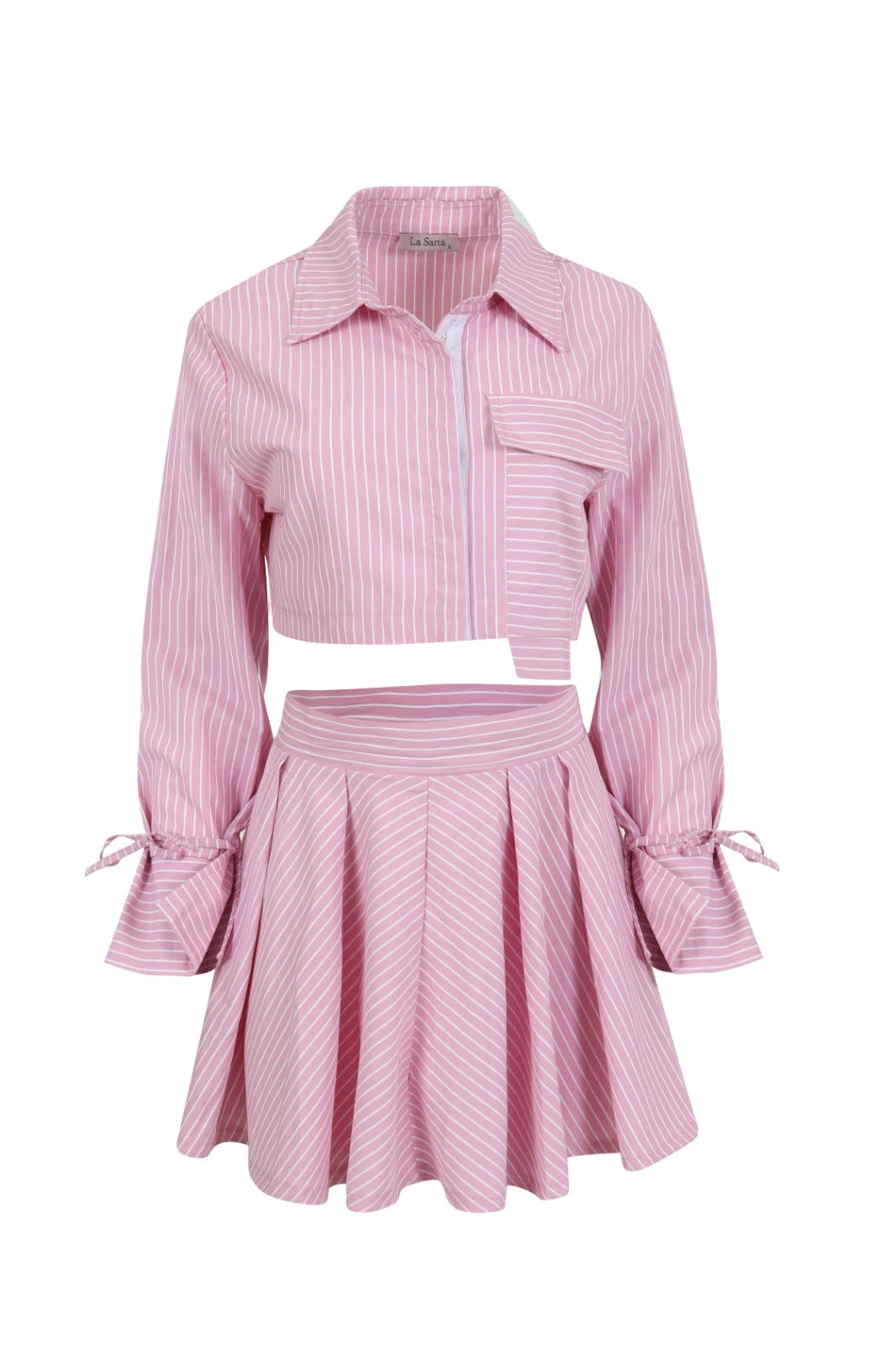 Emilia Çizgili Crop Gömlek ve Pileli Etek Takımı, Pembe - 0
