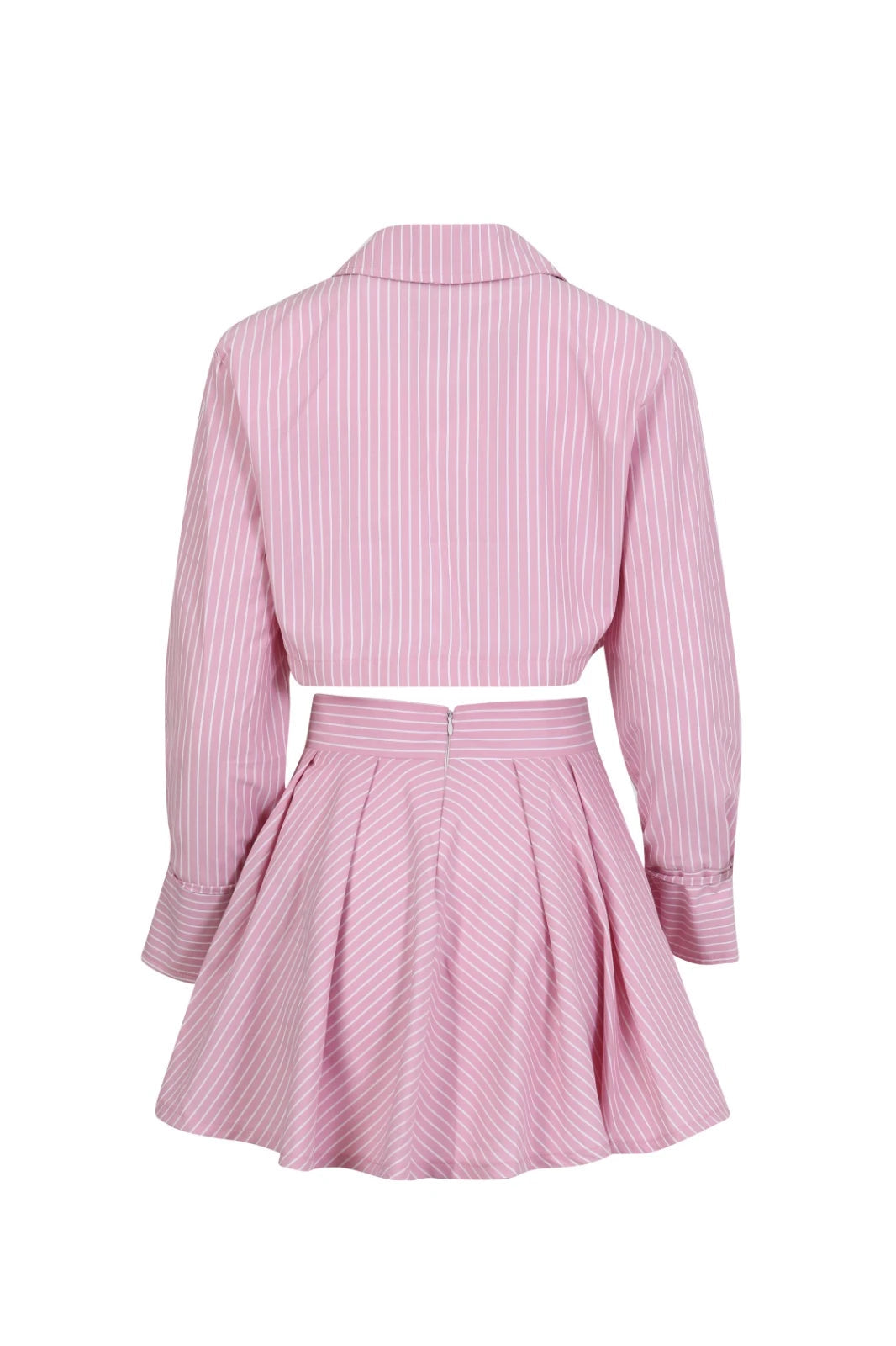 Emilia Çizgili Crop Gömlek ve Pileli Etek Takımı, Pembe - 1