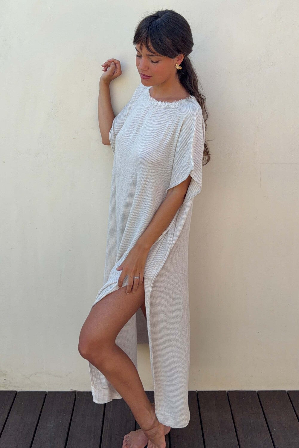 Çizgili Lyocell Kaftan Elbise - 4
