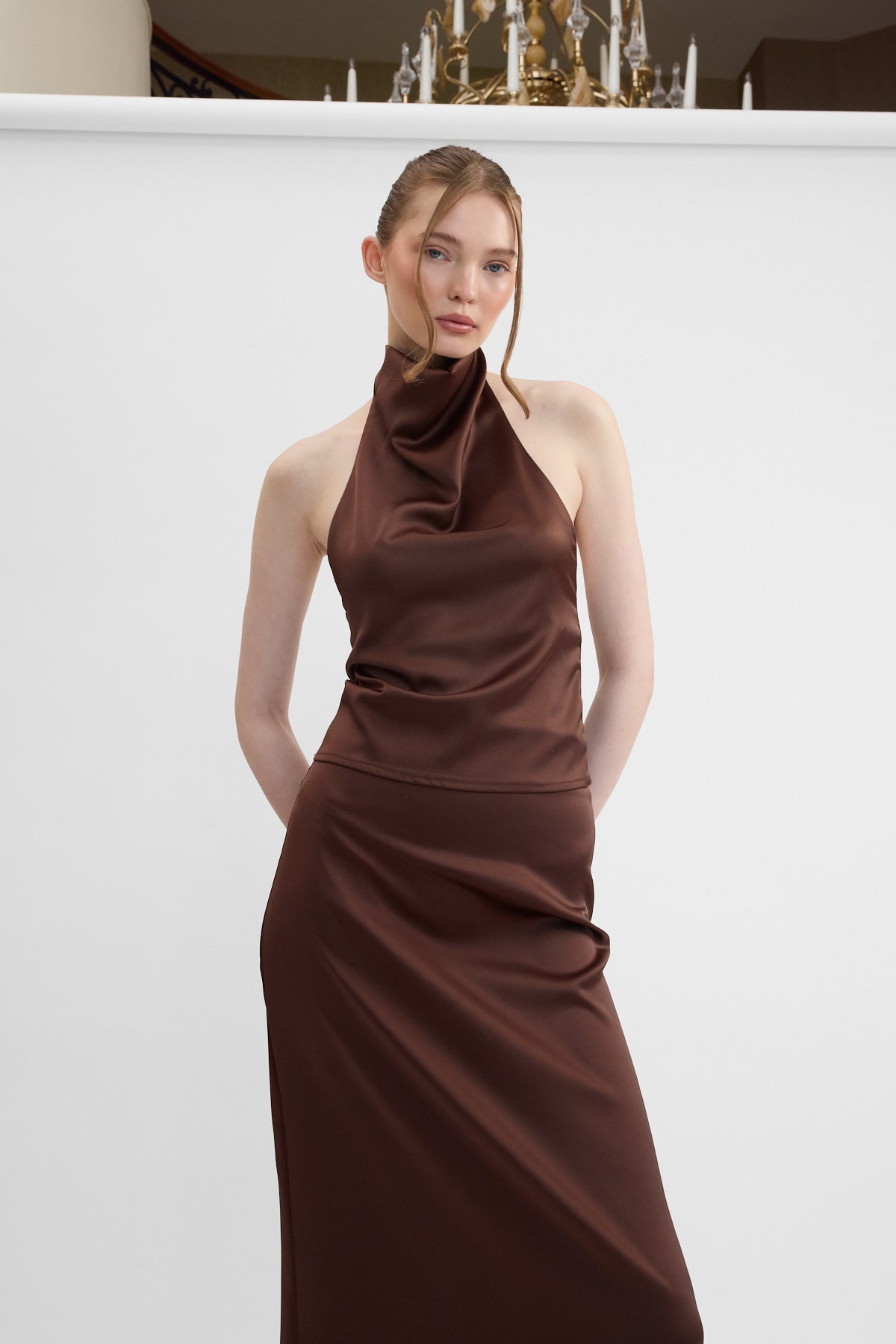 Elisa Uzun Saten Etek - Kahve - 6