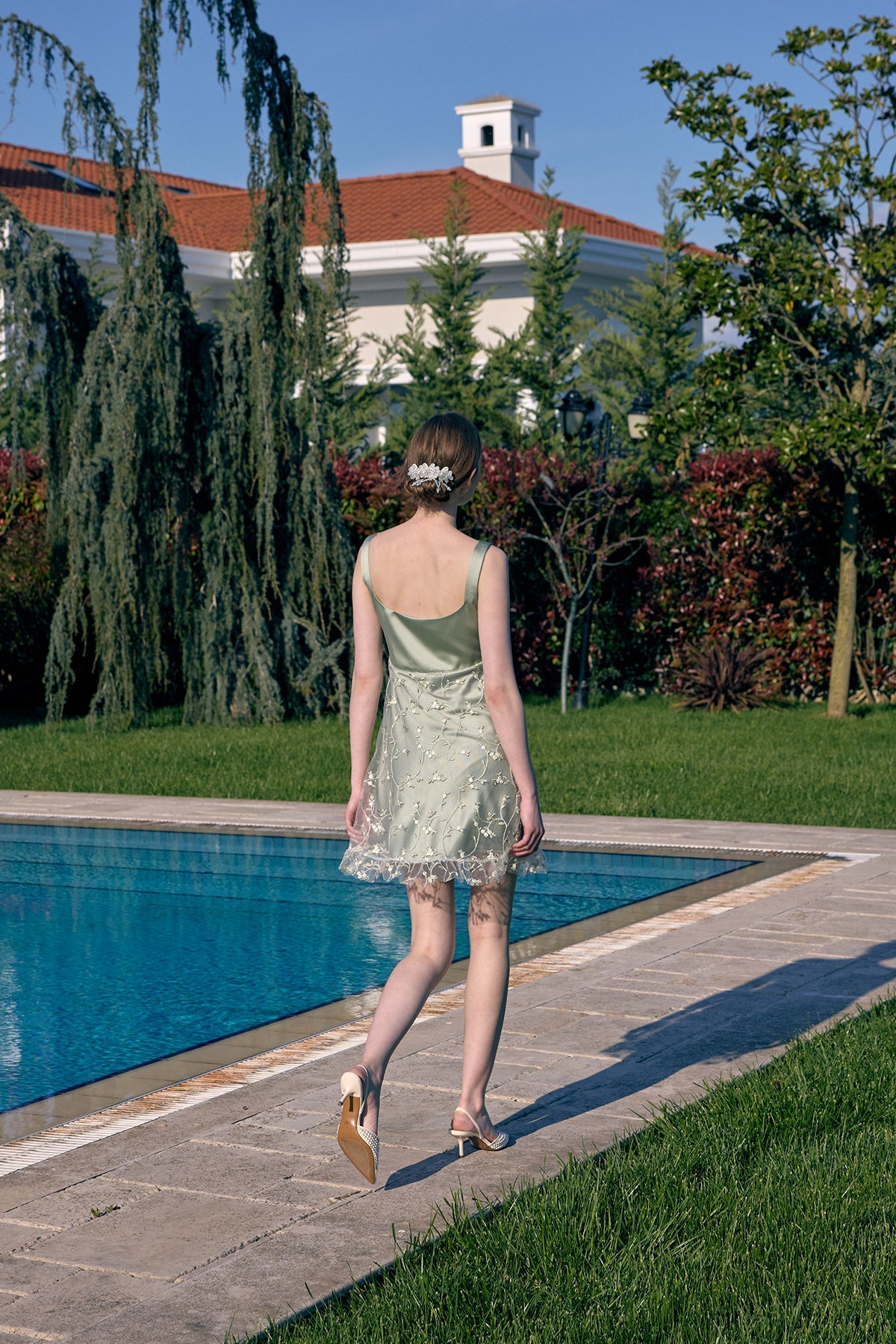 Ritz Çiçekli Askılı Saten Elbise - Yeşil - 7