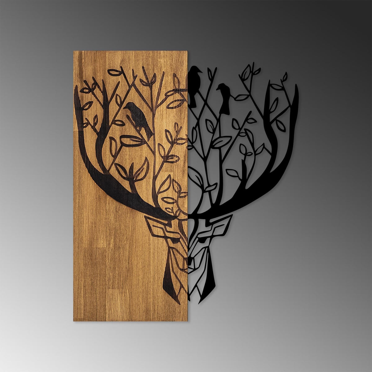Ahşap ve Metal Duvar Tablosu, Siyah-Ceviz - 49x58 cm - 1