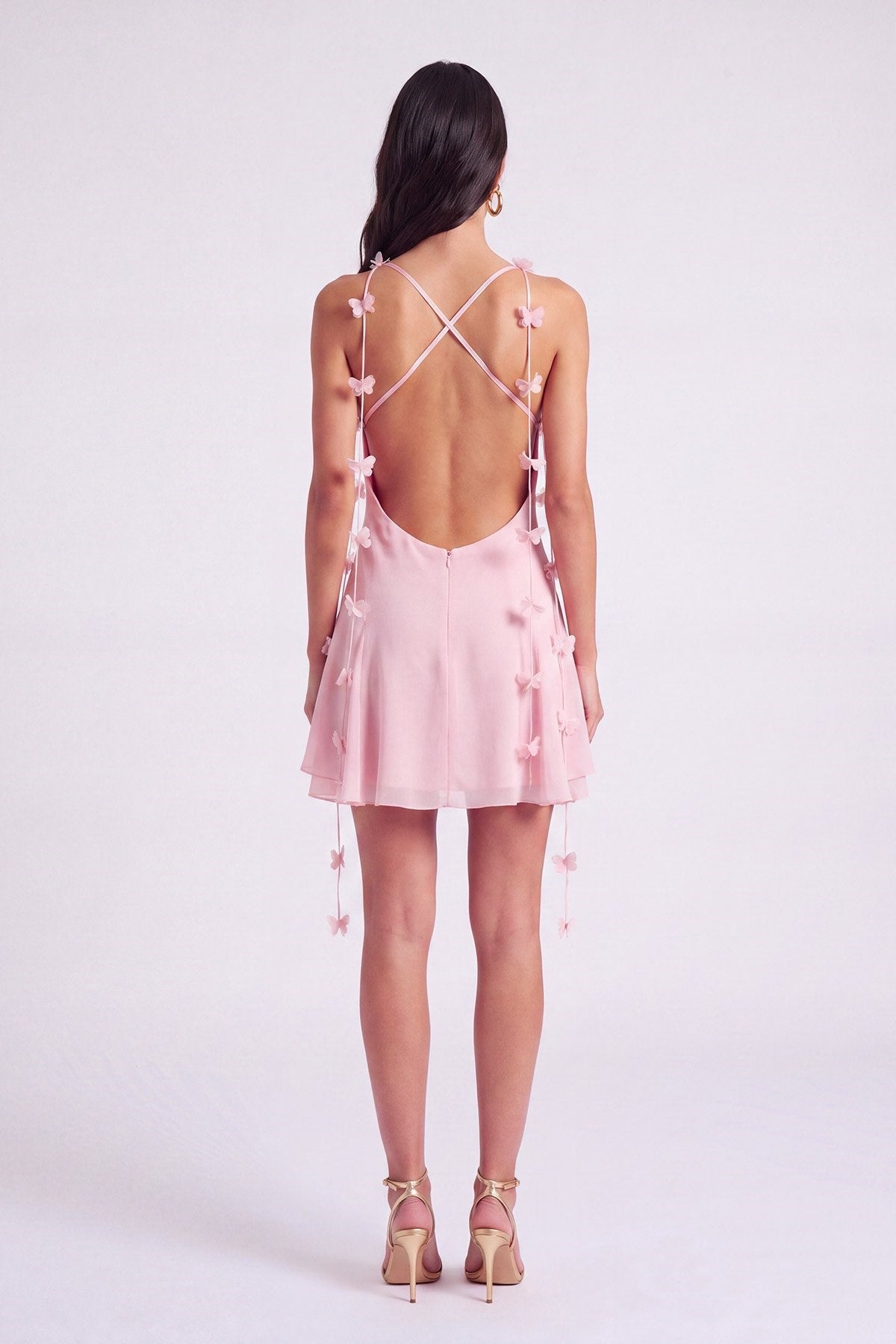 Melanie Çiçek Askılı Sırt Dekolteli Şifon Mini Elbise, Pembe - 3