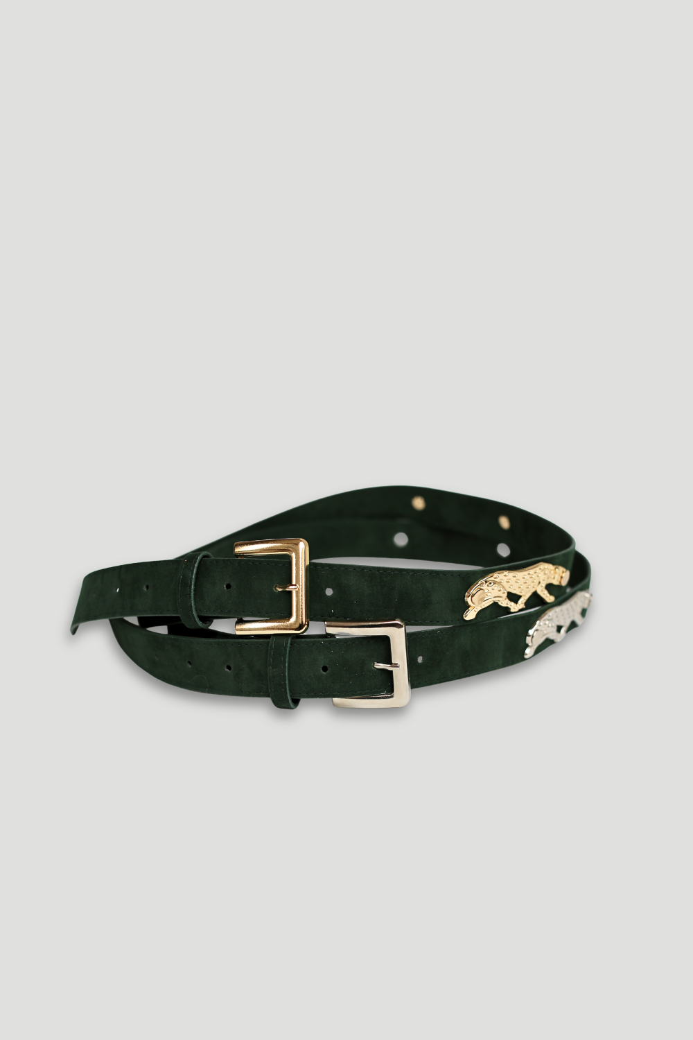 Koyu Yeşil Gold Leopar Figürlü Vegan Süet Kemer - 1