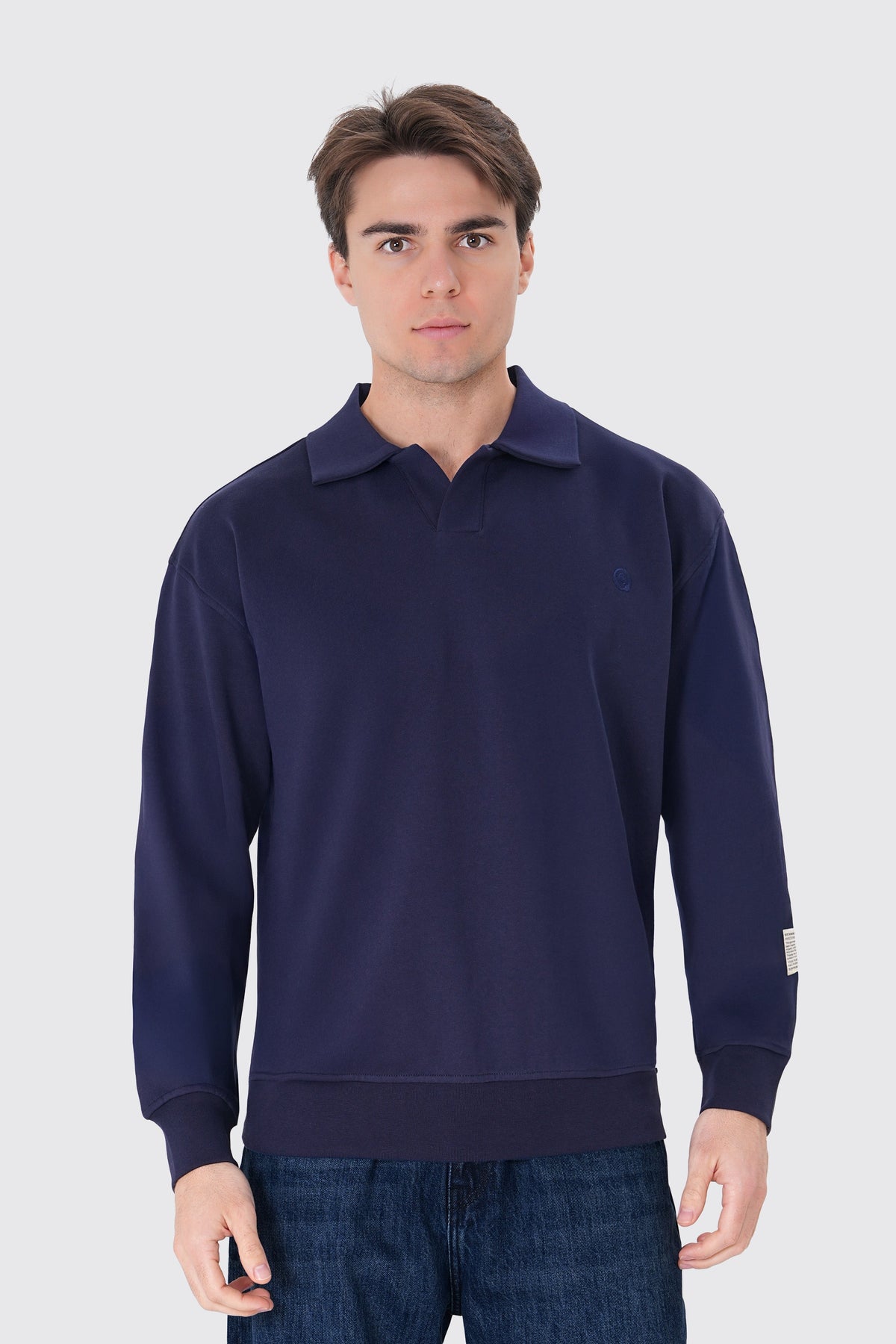 Polo Yaka Logo Nakışlı Sweatshirt, Lacivert - 1
