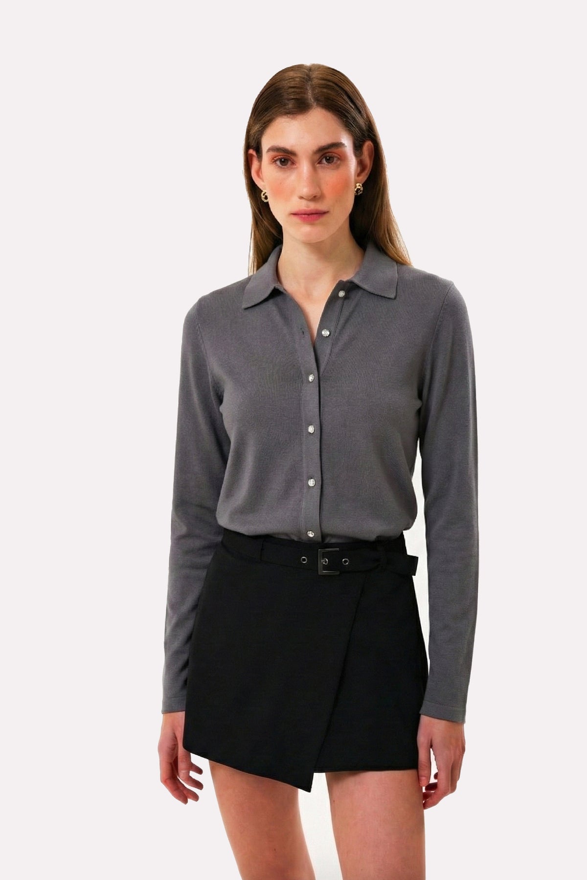 Slim Fit Kadın Gömlek, Antrasit - 1