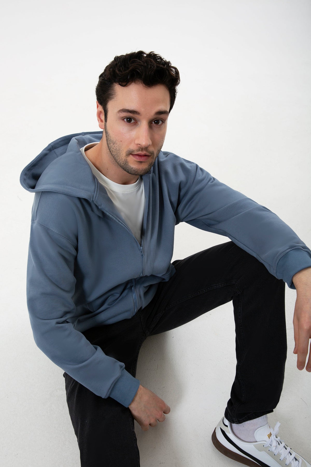 Fermuarlı Kapüşonlu Logo Nakışlı Sweatshirt, Kurşuni - 1