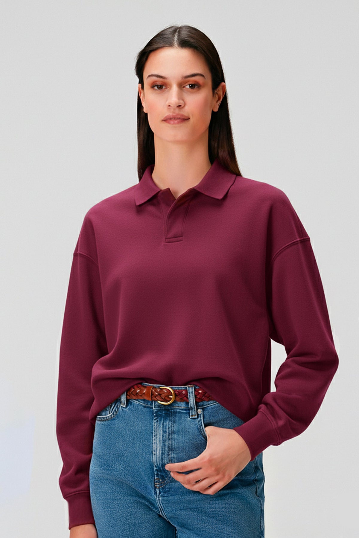 Polo Yaka Logo Nakışlı Sweatshirt, Bordo - 1